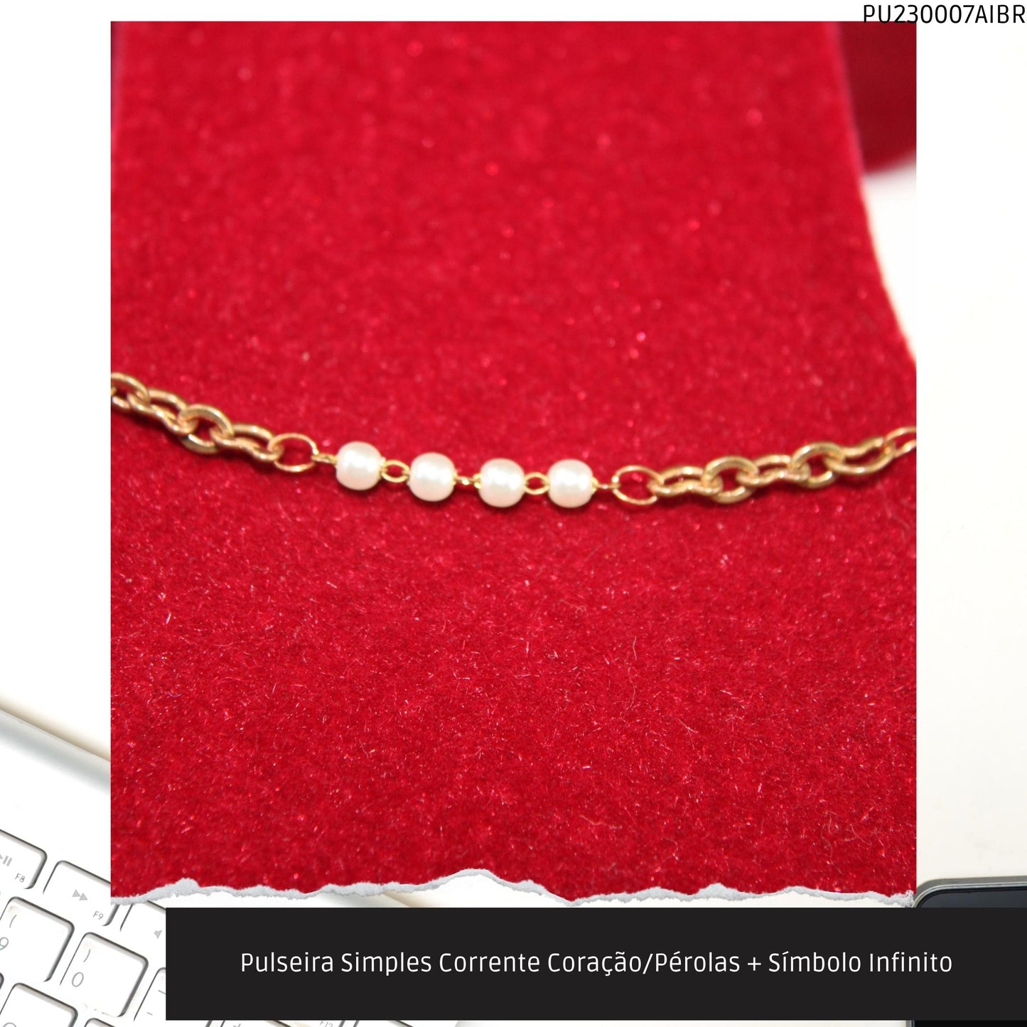 Pulseira Simples Corrente Coração/Pérolas + Símbolo Infinito  - Código.: PU230007AIBR  - Peso.: 2.6 gr