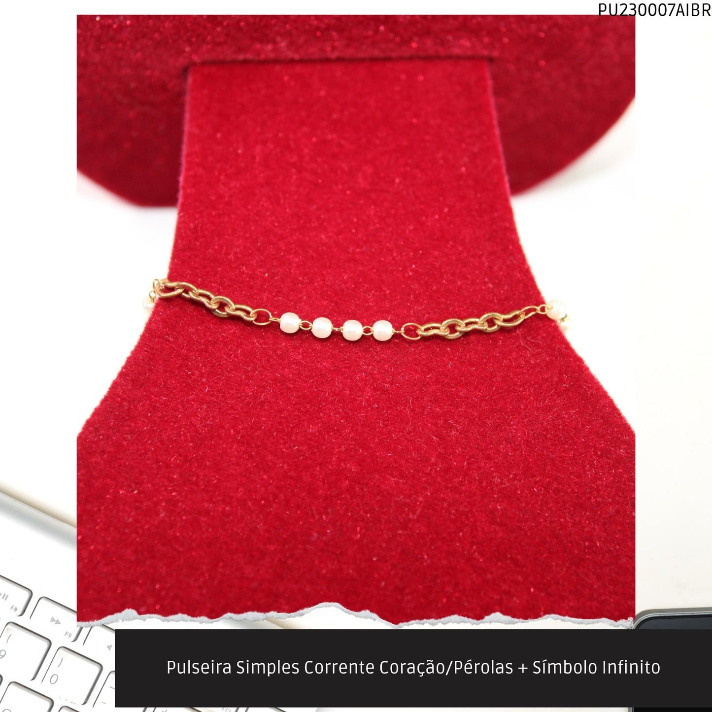 Pulseira Simples Corrente Coração/Pérolas + Símbolo Infinito  - Código.: PU230007AIBR  - Peso.: 2.6 gr