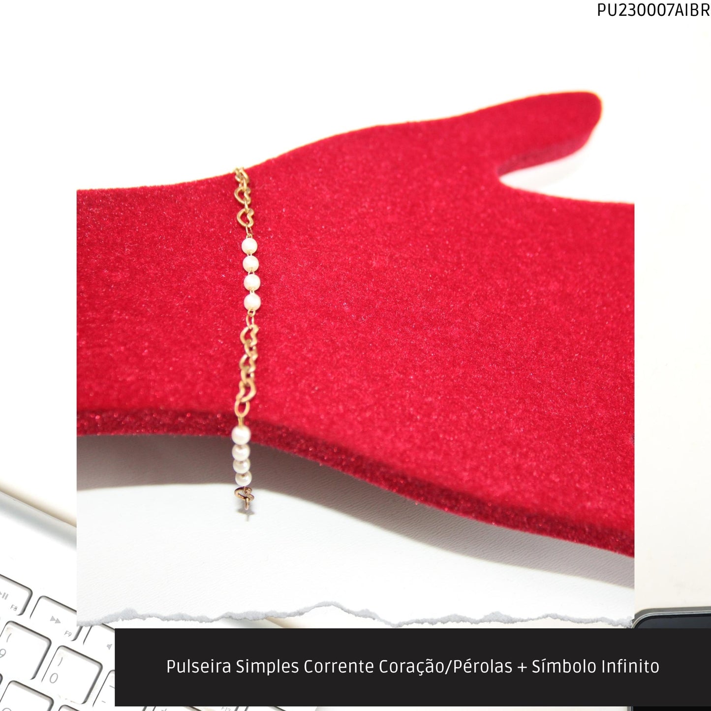 Pulseira Simples Corrente Coração/Pérolas + Símbolo Infinito  - Código.: PU230007AIBR  - Peso.: 2.6 gr