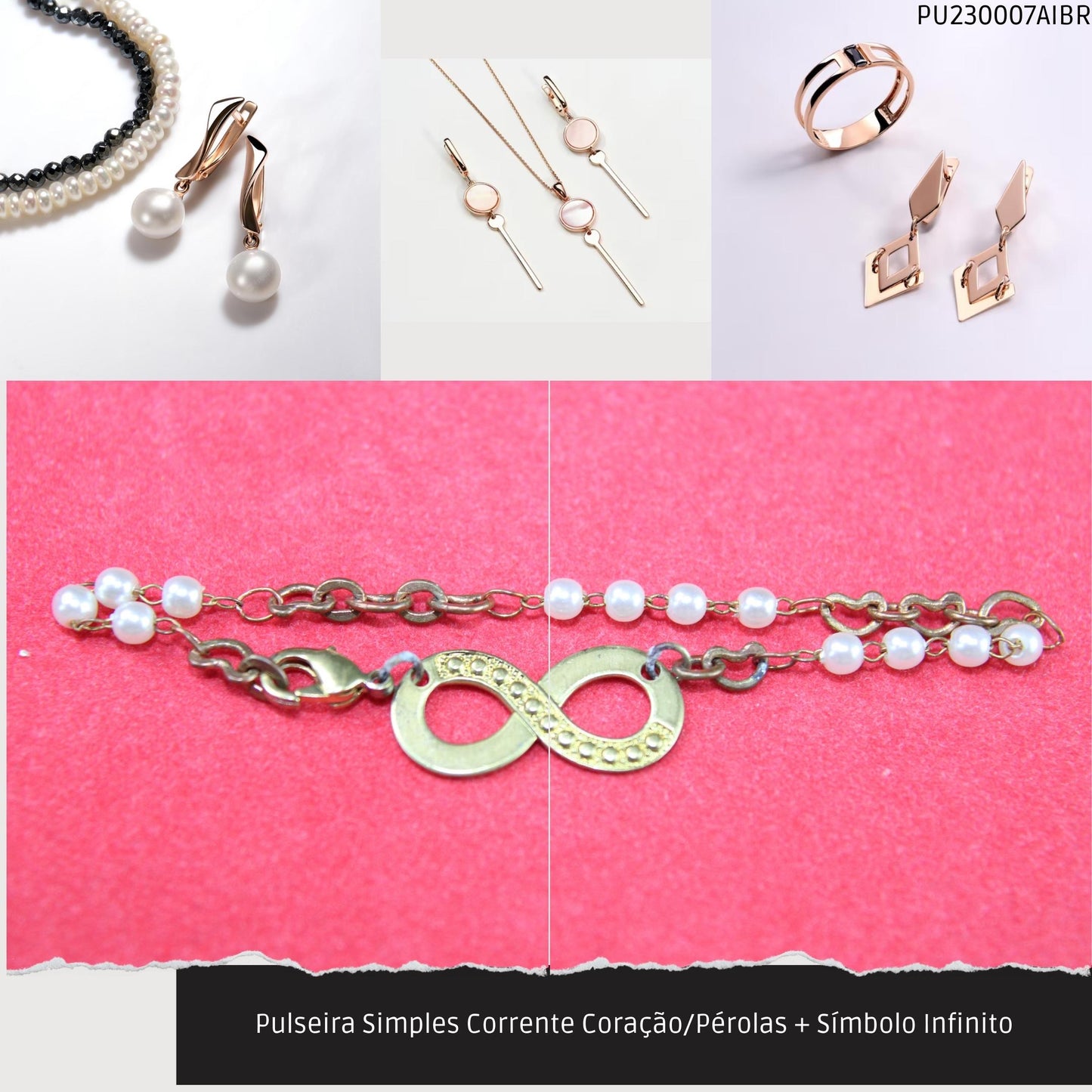 Pulseira Simples Corrente Coração/Pérolas + Símbolo Infinito  - Código.: PU230007AIBR  - Peso.: 2.6 gr
