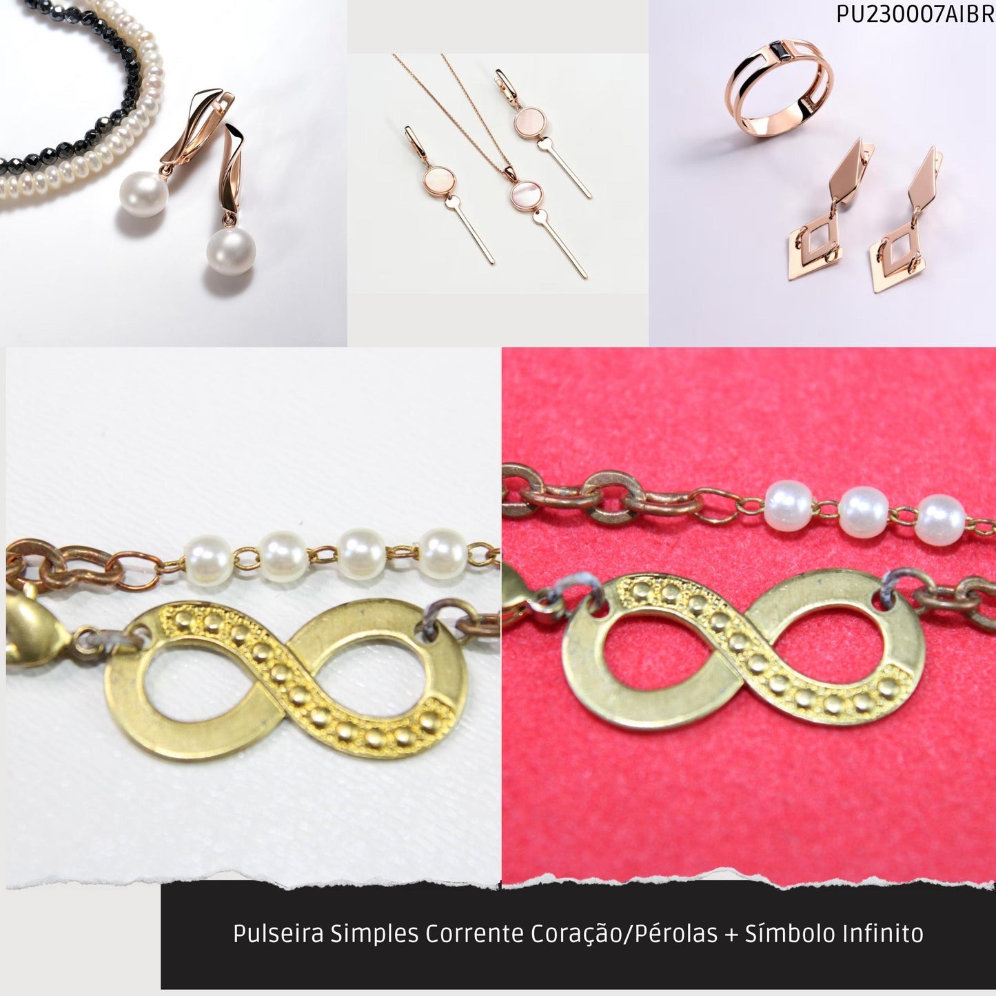 Pulseira Simples Corrente Coração/Pérolas + Símbolo Infinito  - Código.: PU230007AIBR  - Peso.: 2.6 gr