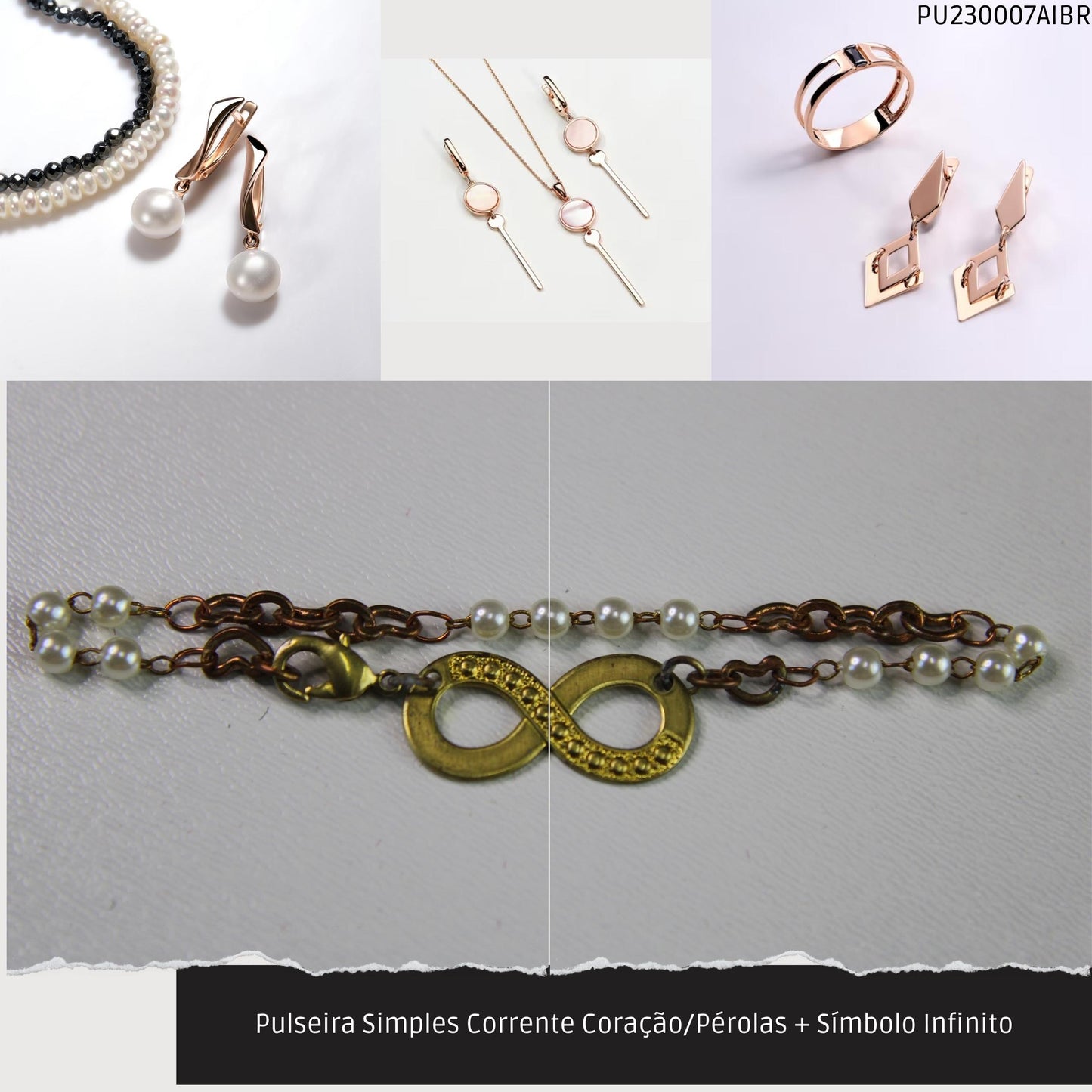 Pulseira Simples Corrente Coração/Pérolas + Símbolo Infinito  - Código.: PU230007AIBR  - Peso.: 2.6 gr