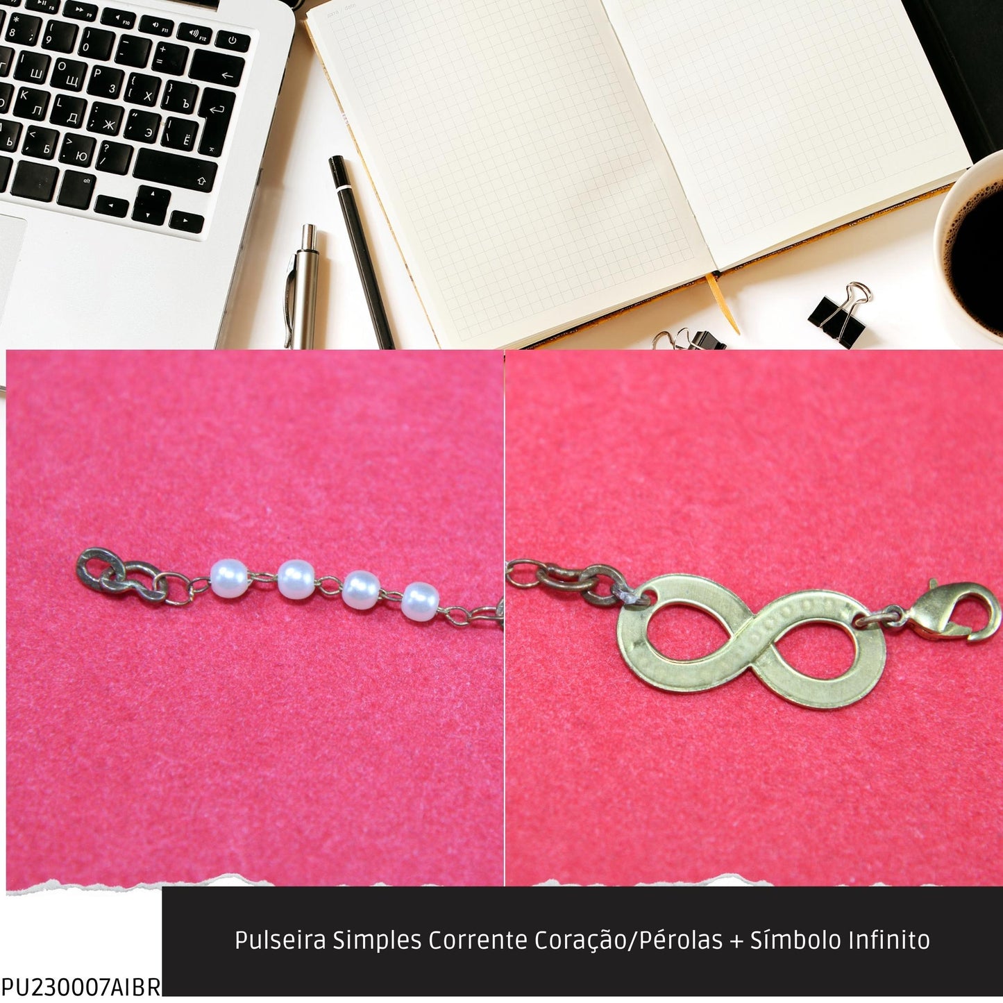 Pulseira Simples Corrente Coração/Pérolas + Símbolo Infinito  - Código.: PU230007AIBR  - Peso.: 2.6 gr