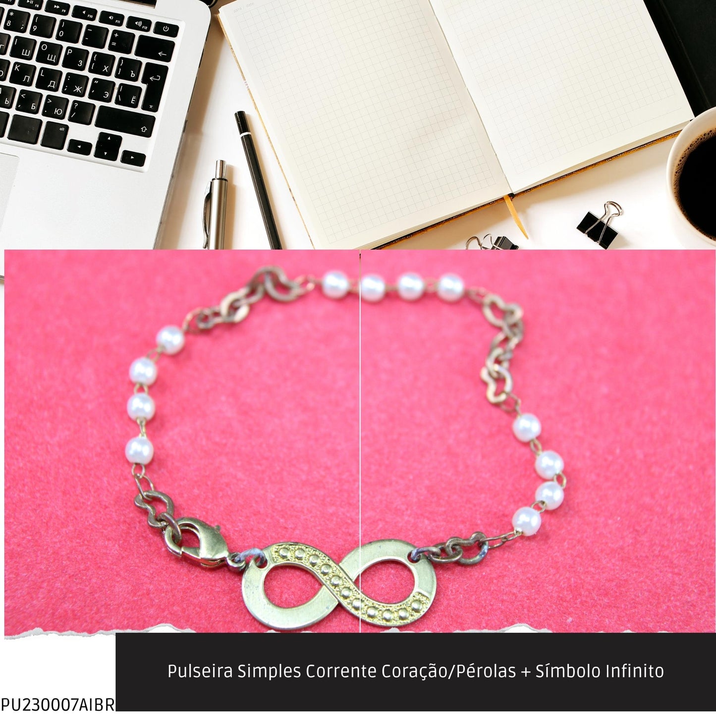 Pulseira Simples Corrente Coração/Pérolas + Símbolo Infinito  - Código.: PU230007AIBR  - Peso.: 2.6 gr