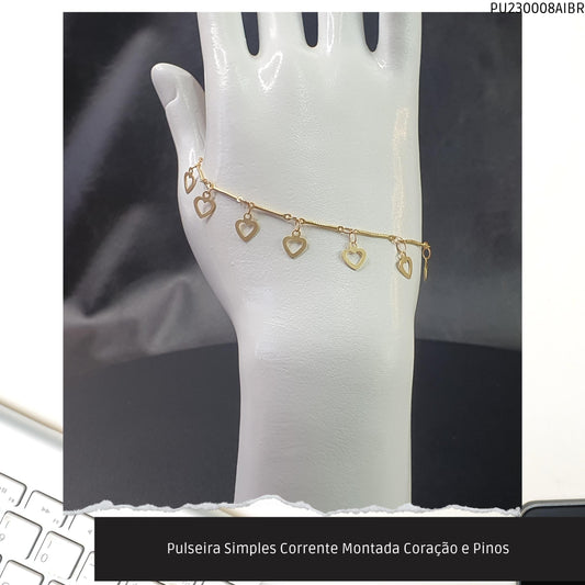 Pulseira Simples Corrente Montada Coração e Pinos   - Código.: PU230008AIBR  - Peso.: 2.6 gr