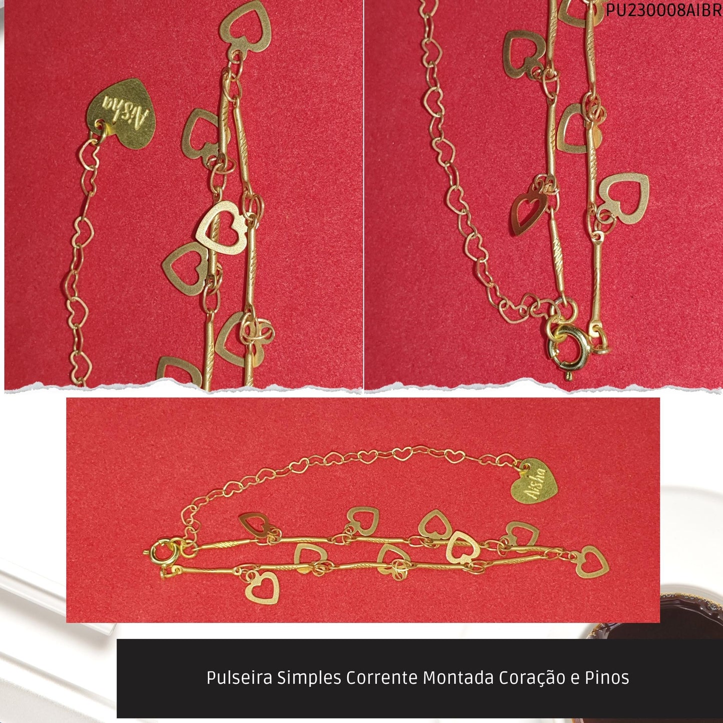 Pulseira Simples Corrente Montada Coração e Pinos   - Código.: PU230008AIBR  - Peso.: 2.6 gr