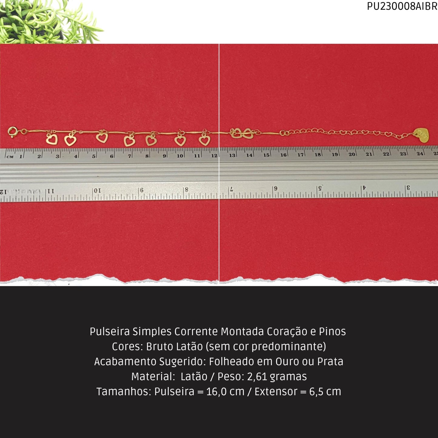 Pulseira Simples Corrente Montada Coração e Pinos   - Código.: PU230008AIBR  - Peso.: 2.6 gr