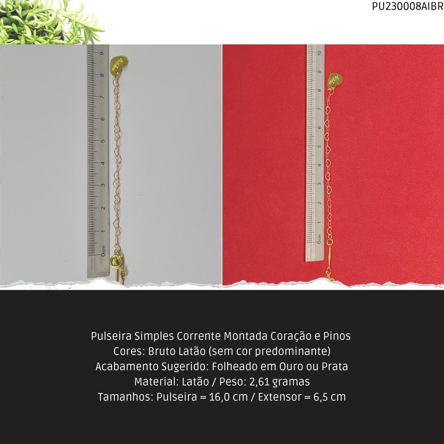 Pulseira Simples Corrente Montada Coração e Pinos   - Código.: PU230008AIBR  - Peso.: 2.6 gr