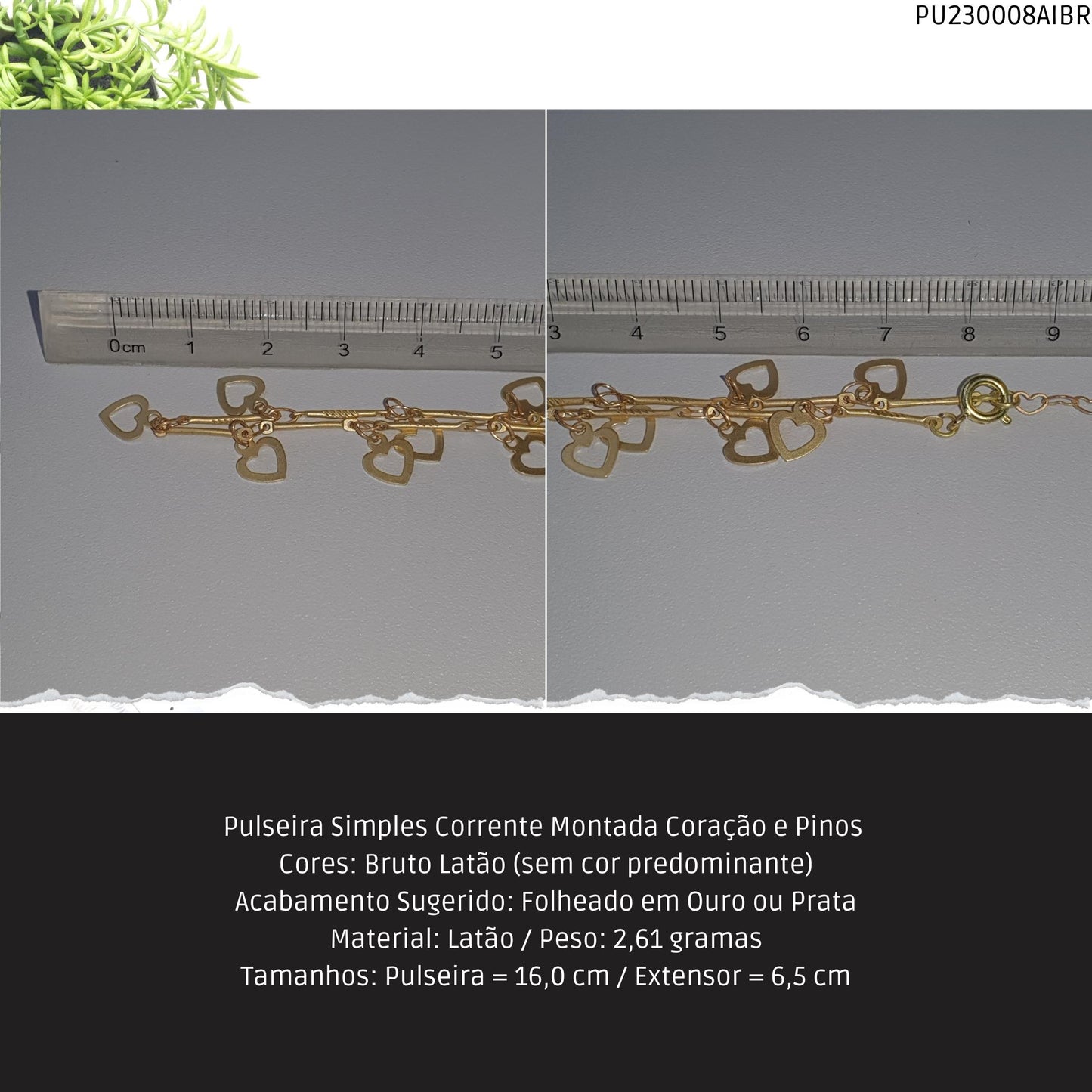 Pulseira Simples Corrente Montada Coração e Pinos   - Código.: PU230008AIBR  - Peso.: 2.6 gr