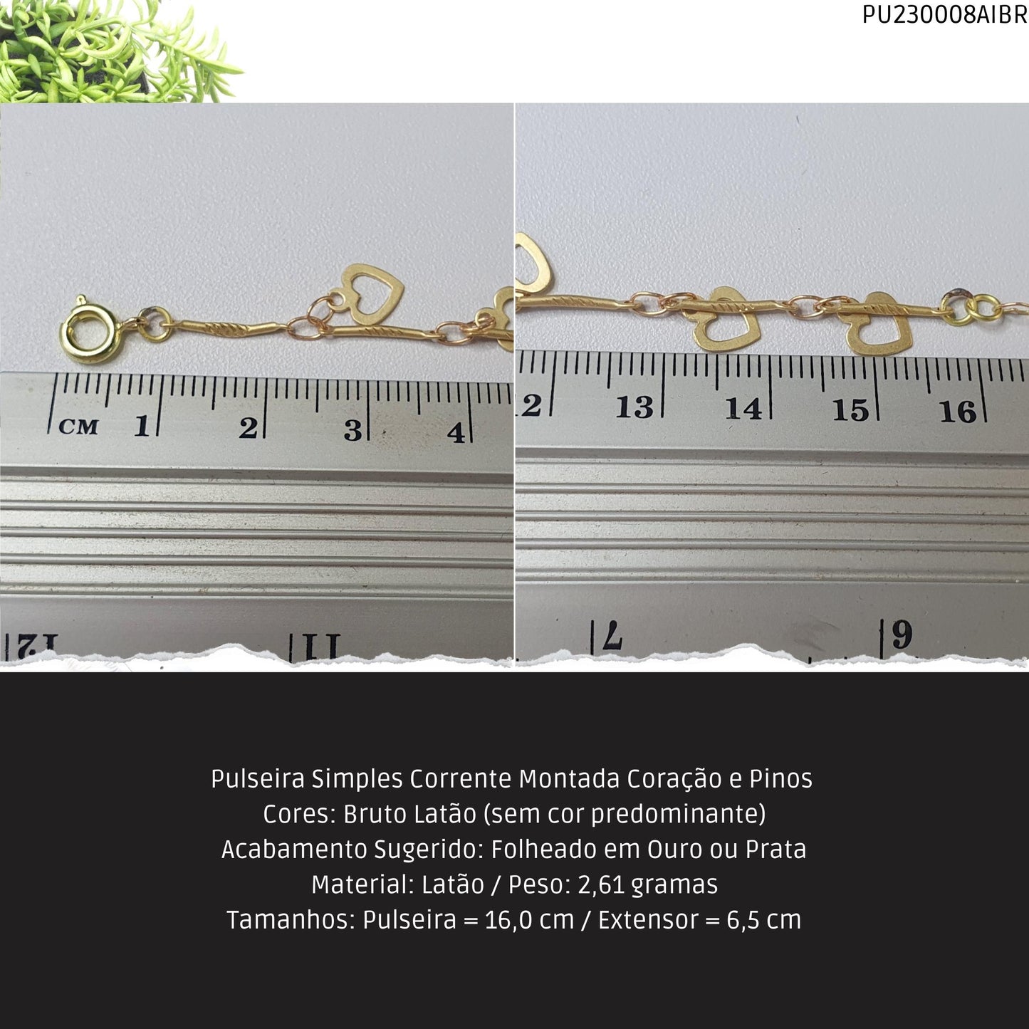 Pulseira Simples Corrente Montada Coração e Pinos   - Código.: PU230008AIBR  - Peso.: 2.6 gr