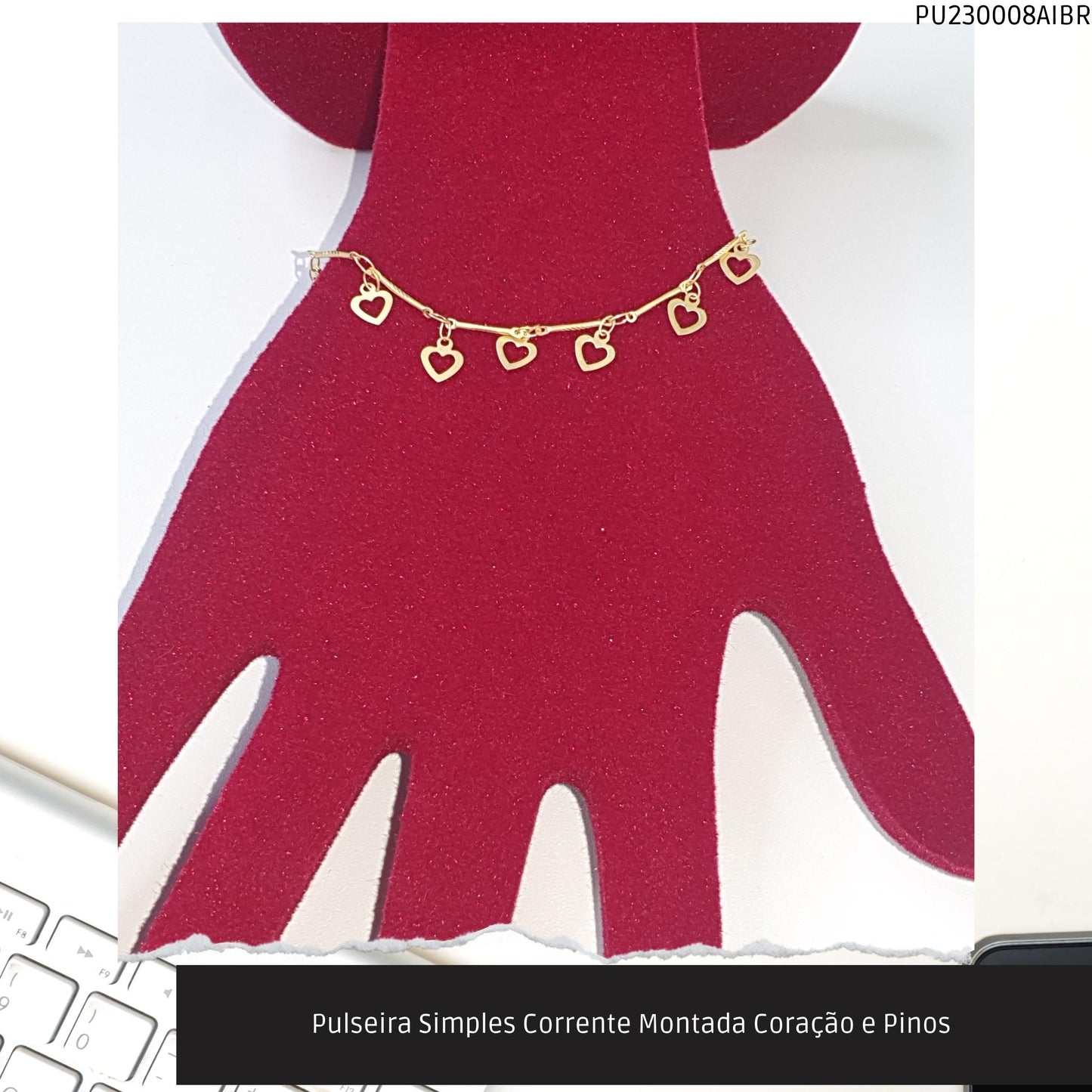 Pulseira Simples Corrente Montada Coração e Pinos   - Código.: PU230008AIBR  - Peso.: 2.6 gr