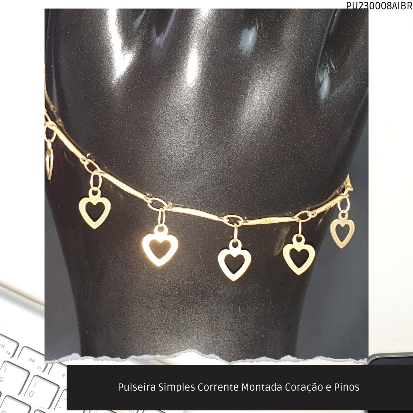 Pulseira Simples Corrente Montada Coração e Pinos   - Código.: PU230008AIBR  - Peso.: 2.6 gr