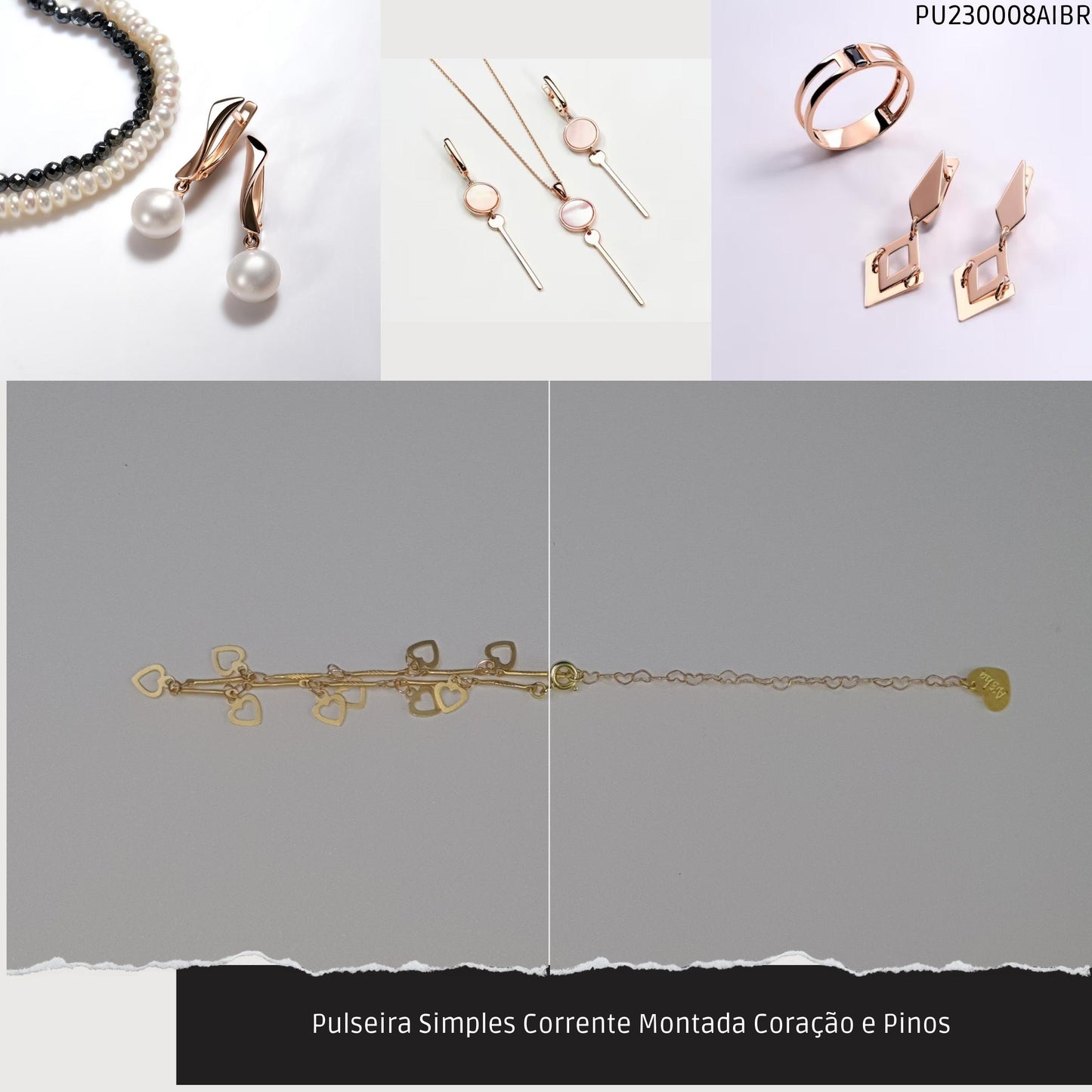 Pulseira Simples Corrente Montada Coração e Pinos   - Código.: PU230008AIBR  - Peso.: 2.6 gr