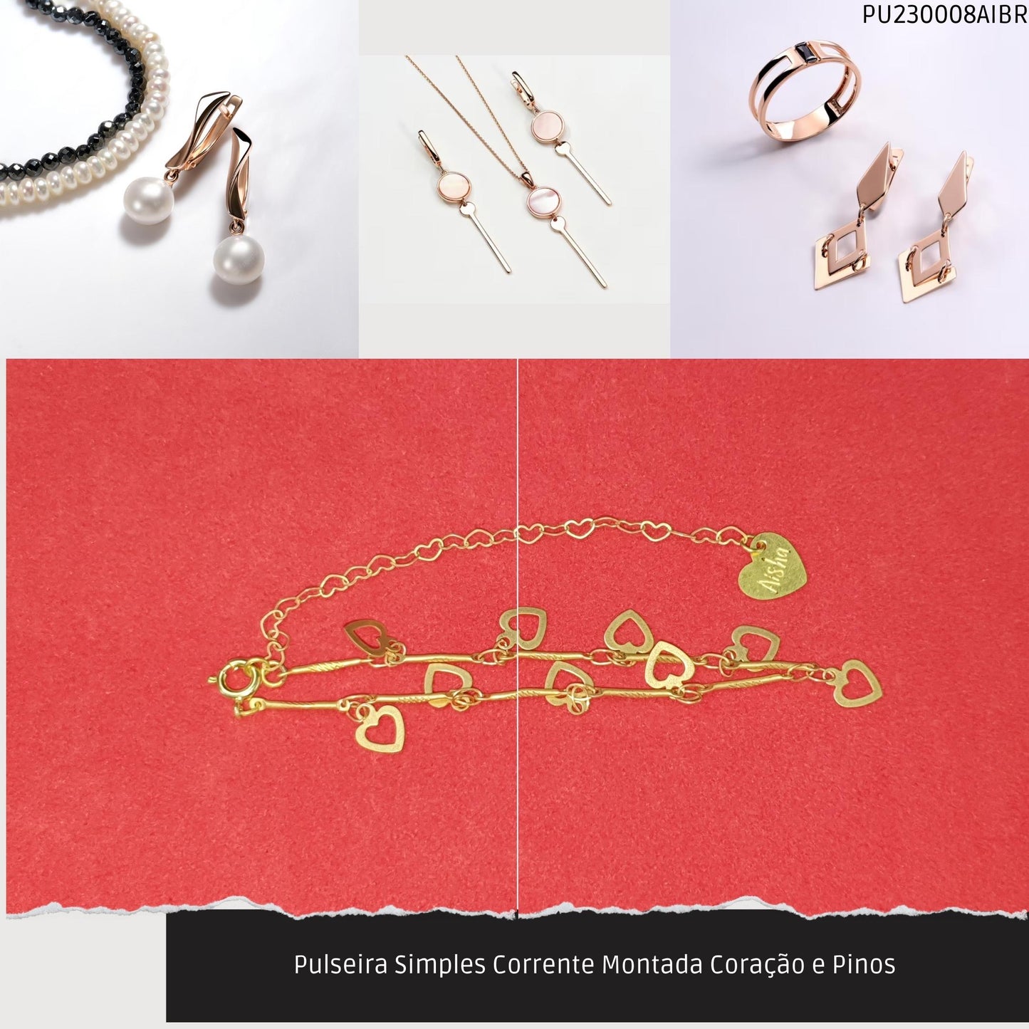 Pulseira Simples Corrente Montada Coração e Pinos   - Código.: PU230008AIBR  - Peso.: 2.6 gr