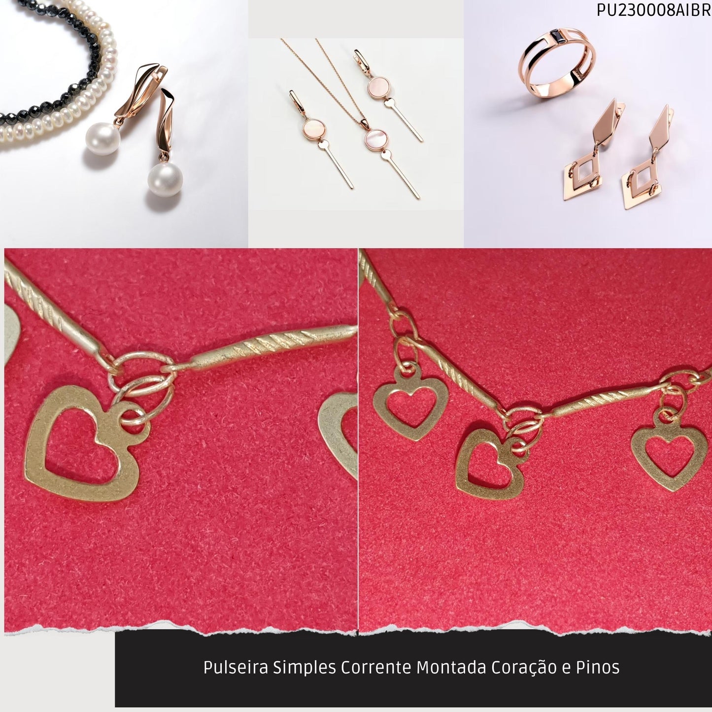 Pulseira Simples Corrente Montada Coração e Pinos   - Código.: PU230008AIBR  - Peso.: 2.6 gr