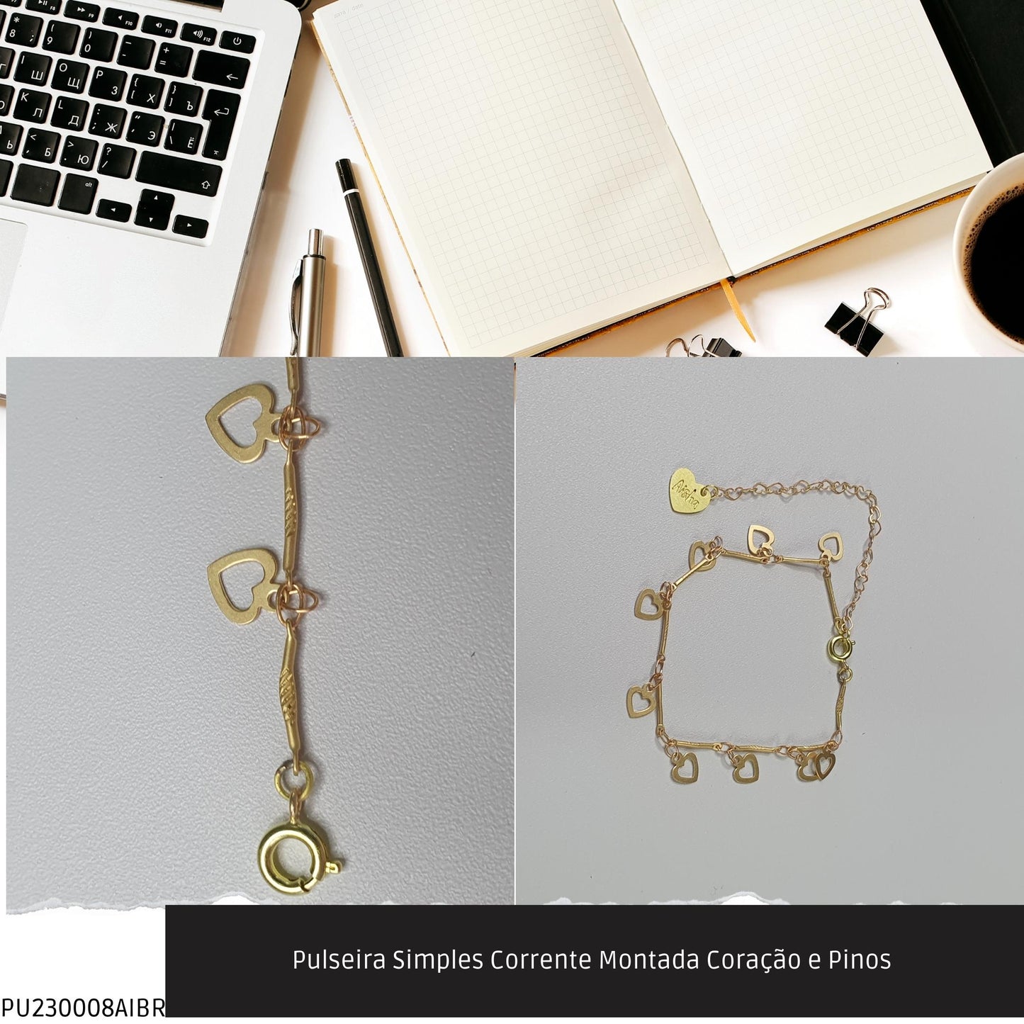Pulseira Simples Corrente Montada Coração e Pinos   - Código.: PU230008AIBR  - Peso.: 2.6 gr