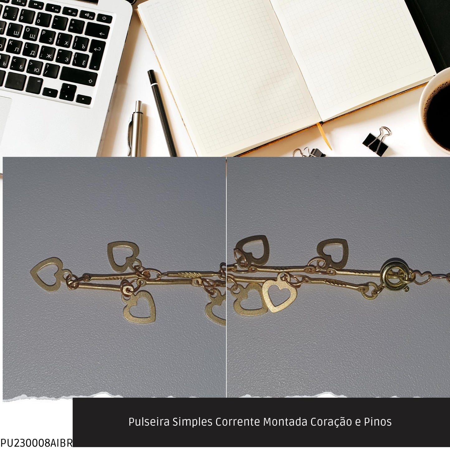 Pulseira Simples Corrente Montada Coração e Pinos   - Código.: PU230008AIBR  - Peso.: 2.6 gr