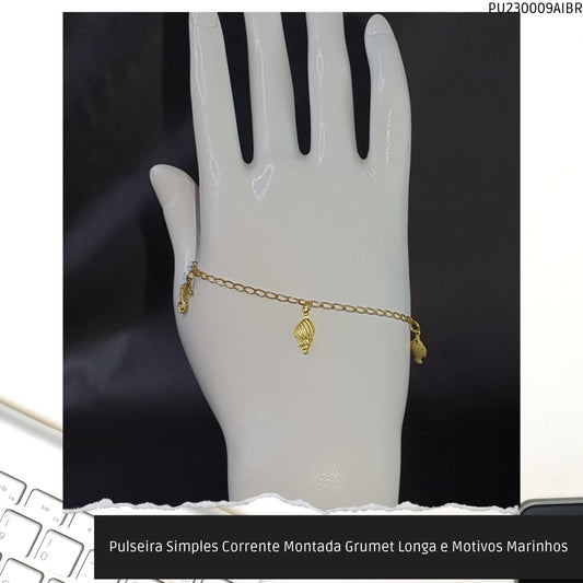 Pulseira Simples Corrente Montada Grumet Longa e Motivos Marinhos  - Código.: PU230009AIBR  - Peso.: 2.1 gr