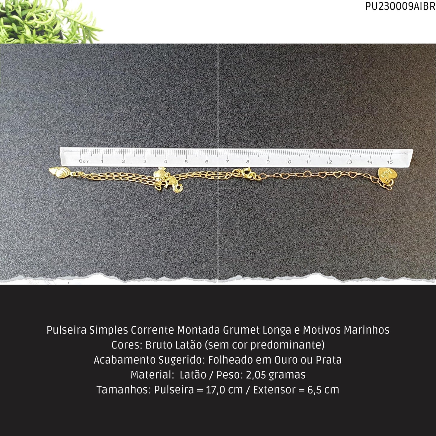 Pulseira Simples Corrente Montada Grumet Longa e Motivos Marinhos  - Código.: PU230009AIBR  - Peso.: 2.1 gr