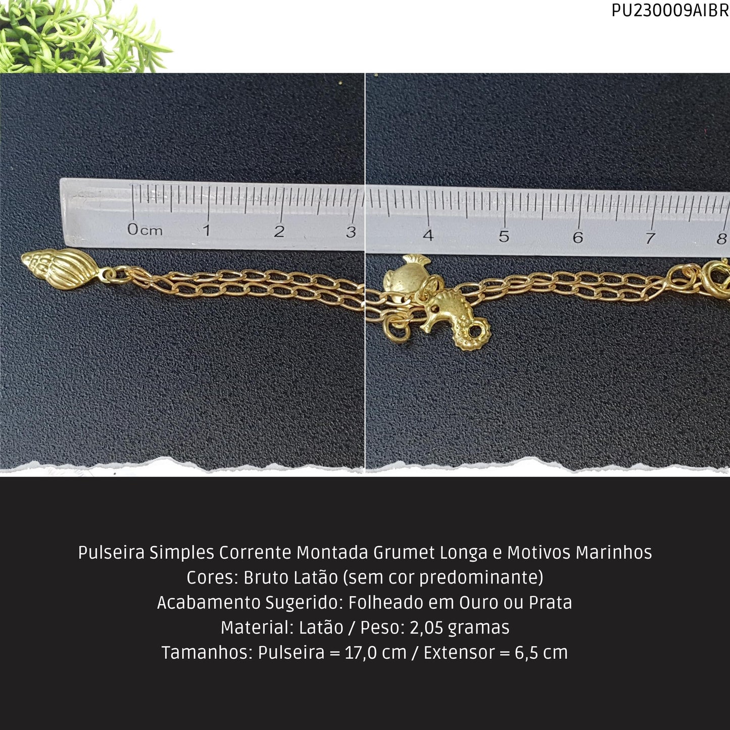 Pulseira Simples Corrente Montada Grumet Longa e Motivos Marinhos  - Código.: PU230009AIBR  - Peso.: 2.1 gr