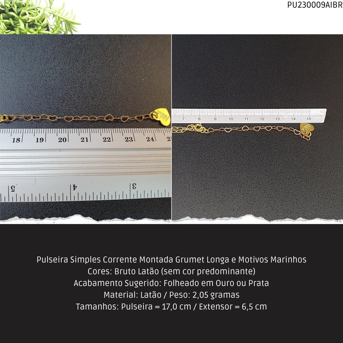 Pulseira Simples Corrente Montada Grumet Longa e Motivos Marinhos  - Código.: PU230009AIBR  - Peso.: 2.1 gr