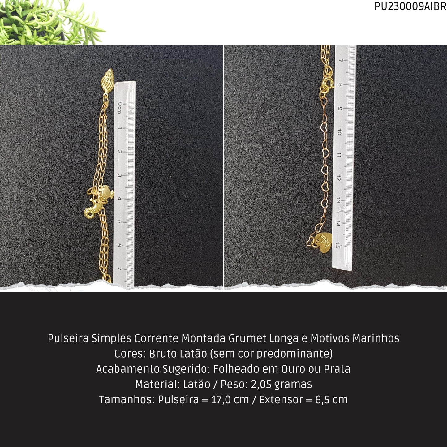 Pulseira Simples Corrente Montada Grumet Longa e Motivos Marinhos  - Código.: PU230009AIBR  - Peso.: 2.1 gr