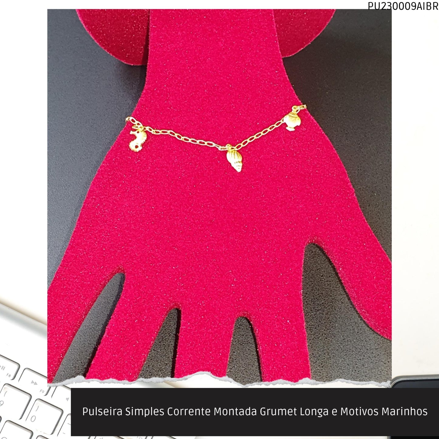 Pulseira Simples Corrente Montada Grumet Longa e Motivos Marinhos  - Código.: PU230009AIBR  - Peso.: 2.1 gr