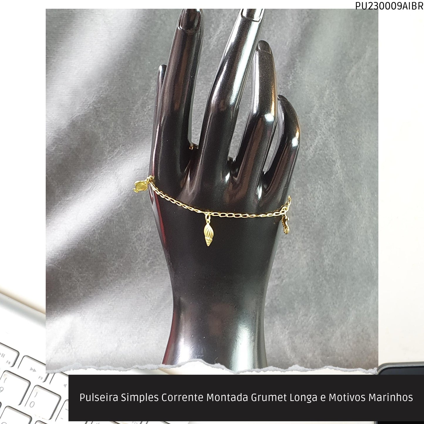 Pulseira Simples Corrente Montada Grumet Longa e Motivos Marinhos  - Código.: PU230009AIBR  - Peso.: 2.1 gr