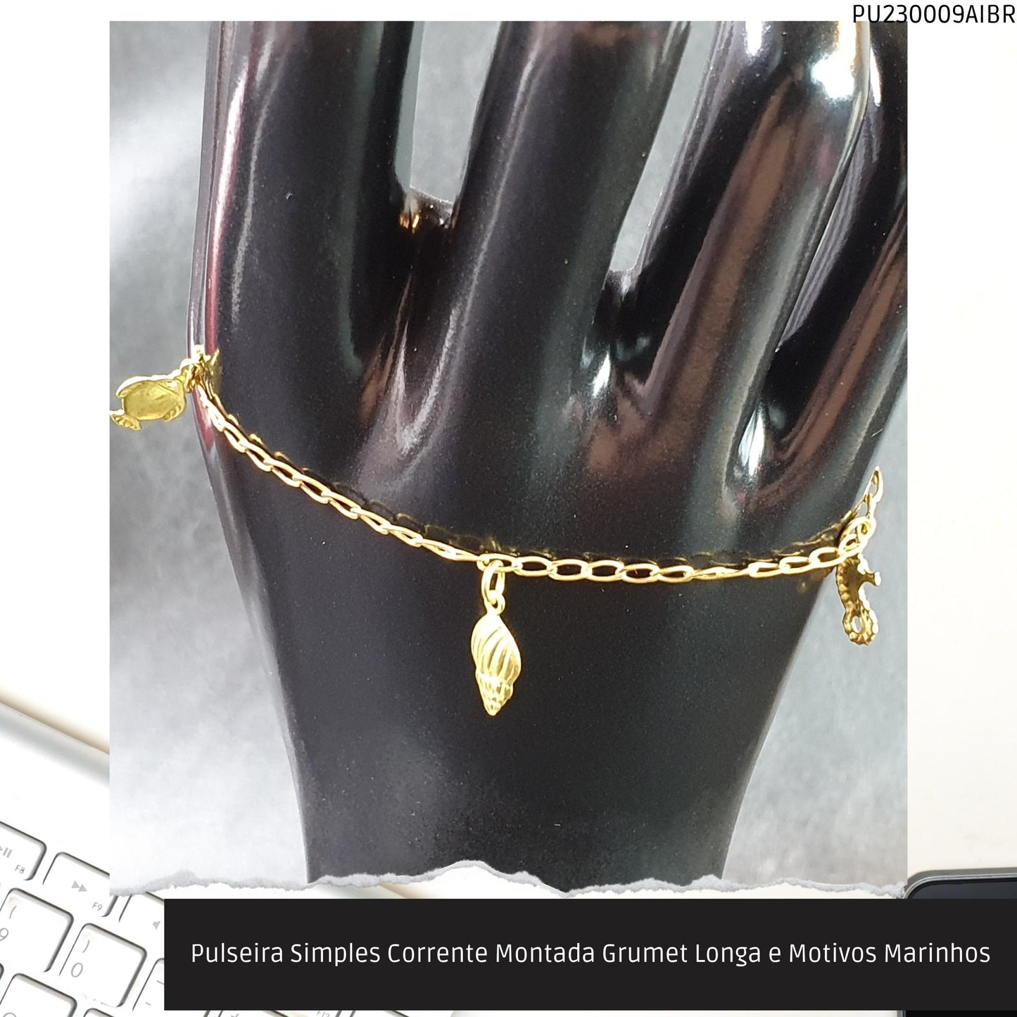 Pulseira Simples Corrente Montada Grumet Longa e Motivos Marinhos  - Código.: PU230009AIBR  - Peso.: 2.1 gr