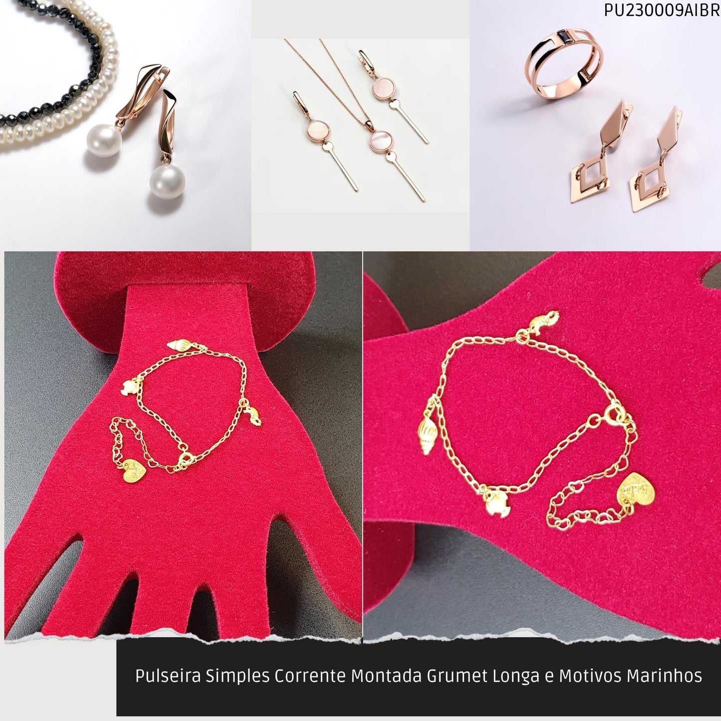 Pulseira Simples Corrente Montada Grumet Longa e Motivos Marinhos  - Código.: PU230009AIBR  - Peso.: 2.1 gr