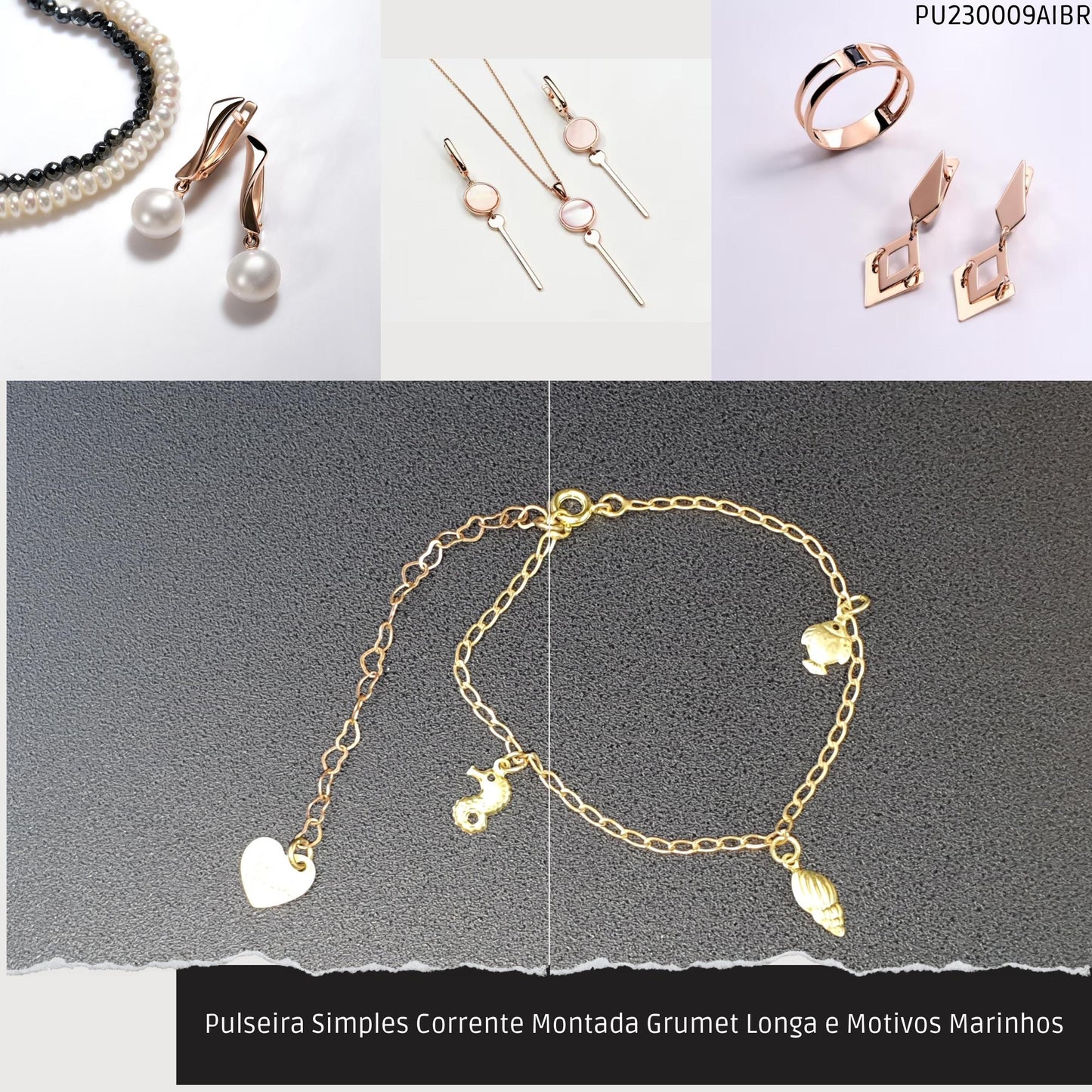 Pulseira Simples Corrente Montada Grumet Longa e Motivos Marinhos  - Código.: PU230009AIBR  - Peso.: 2.1 gr