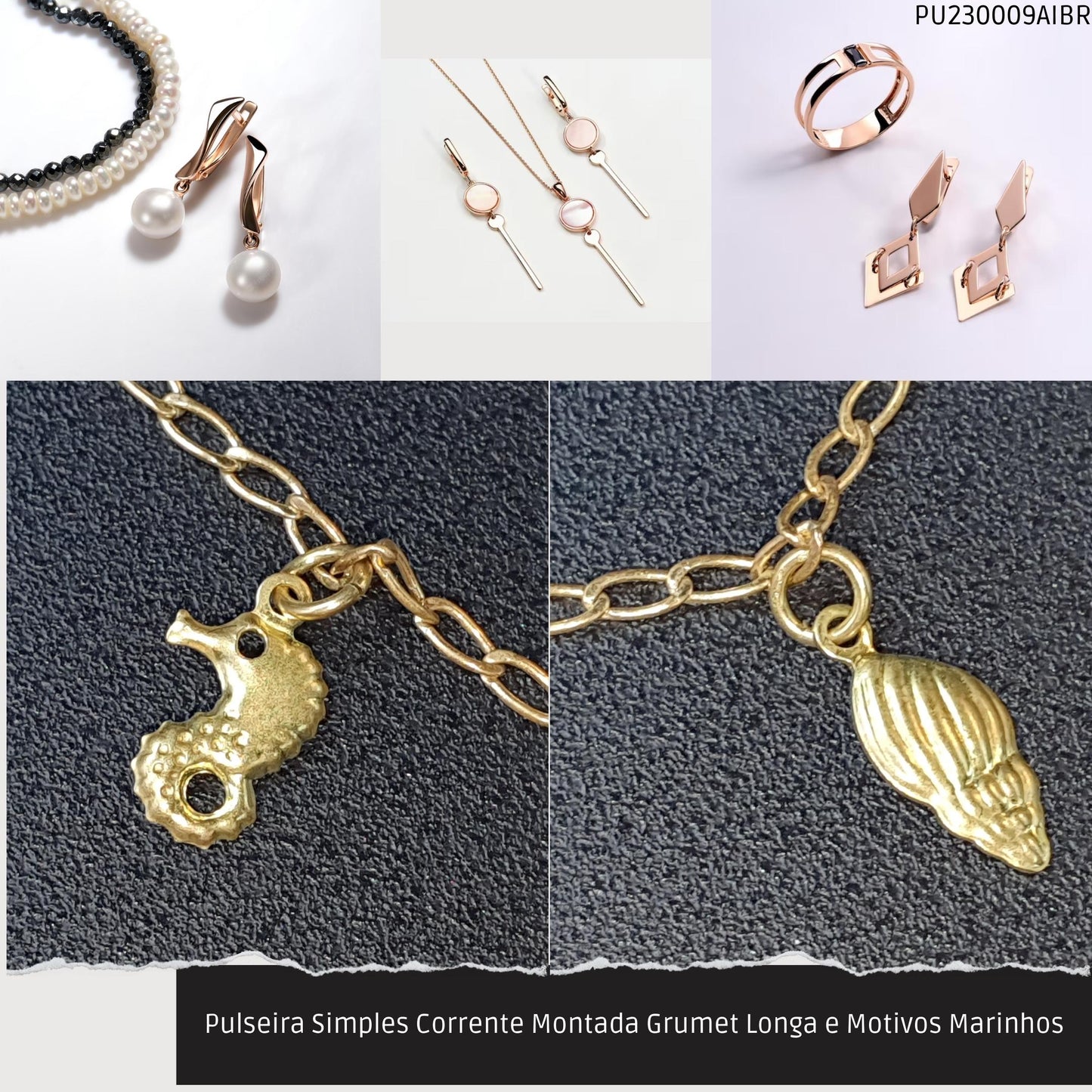 Pulseira Simples Corrente Montada Grumet Longa e Motivos Marinhos  - Código.: PU230009AIBR  - Peso.: 2.1 gr