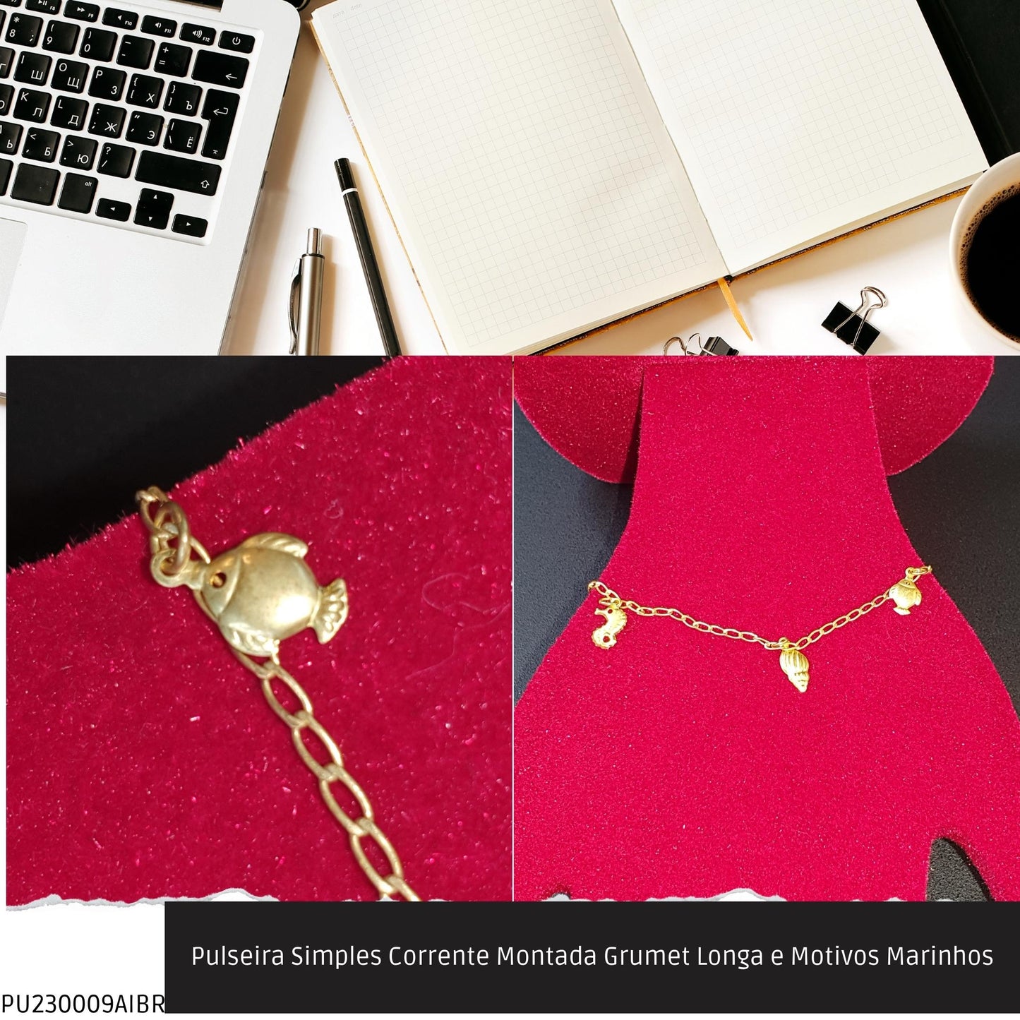 Pulseira Simples Corrente Montada Grumet Longa e Motivos Marinhos  - Código.: PU230009AIBR  - Peso.: 2.1 gr
