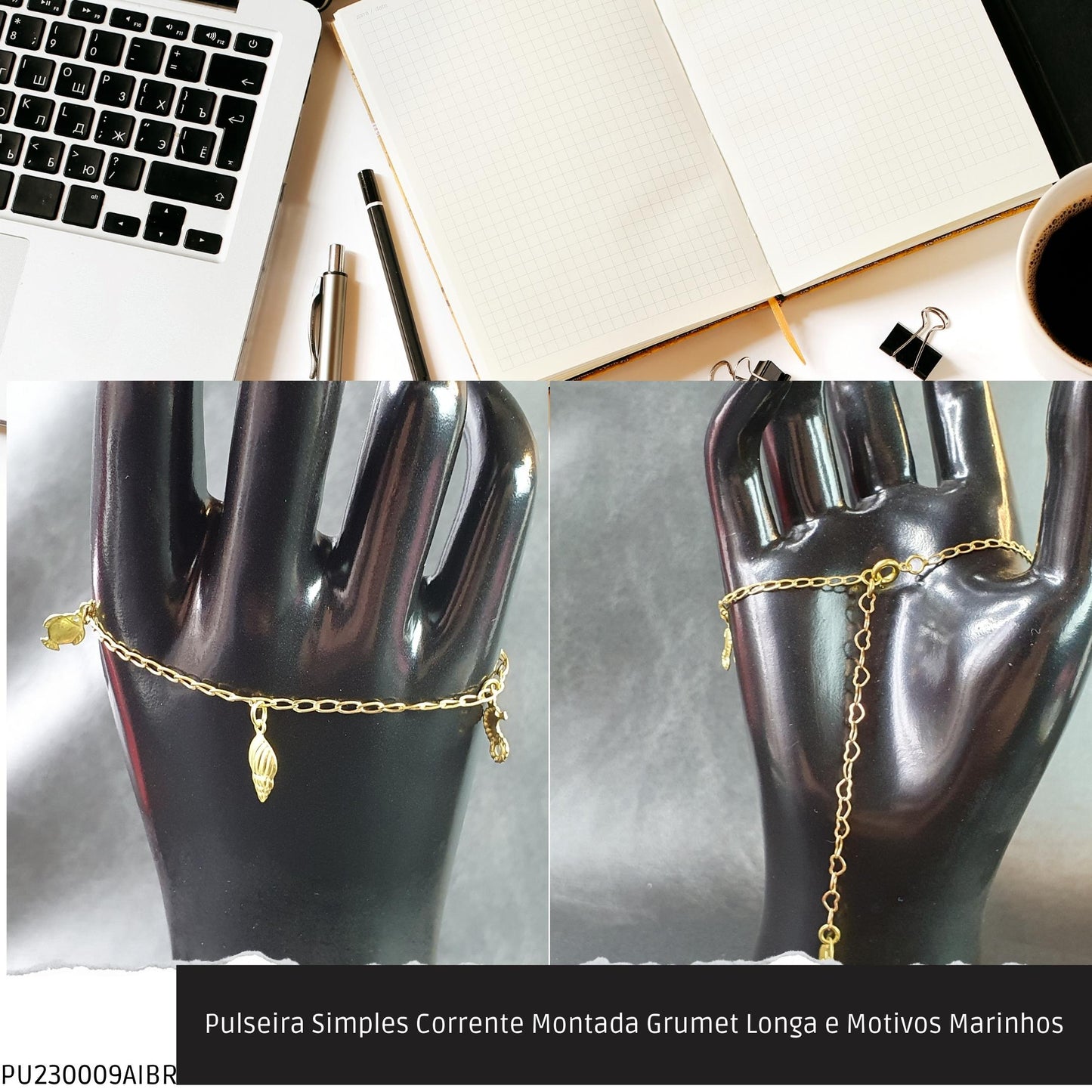 Pulseira Simples Corrente Montada Grumet Longa e Motivos Marinhos  - Código.: PU230009AIBR  - Peso.: 2.1 gr