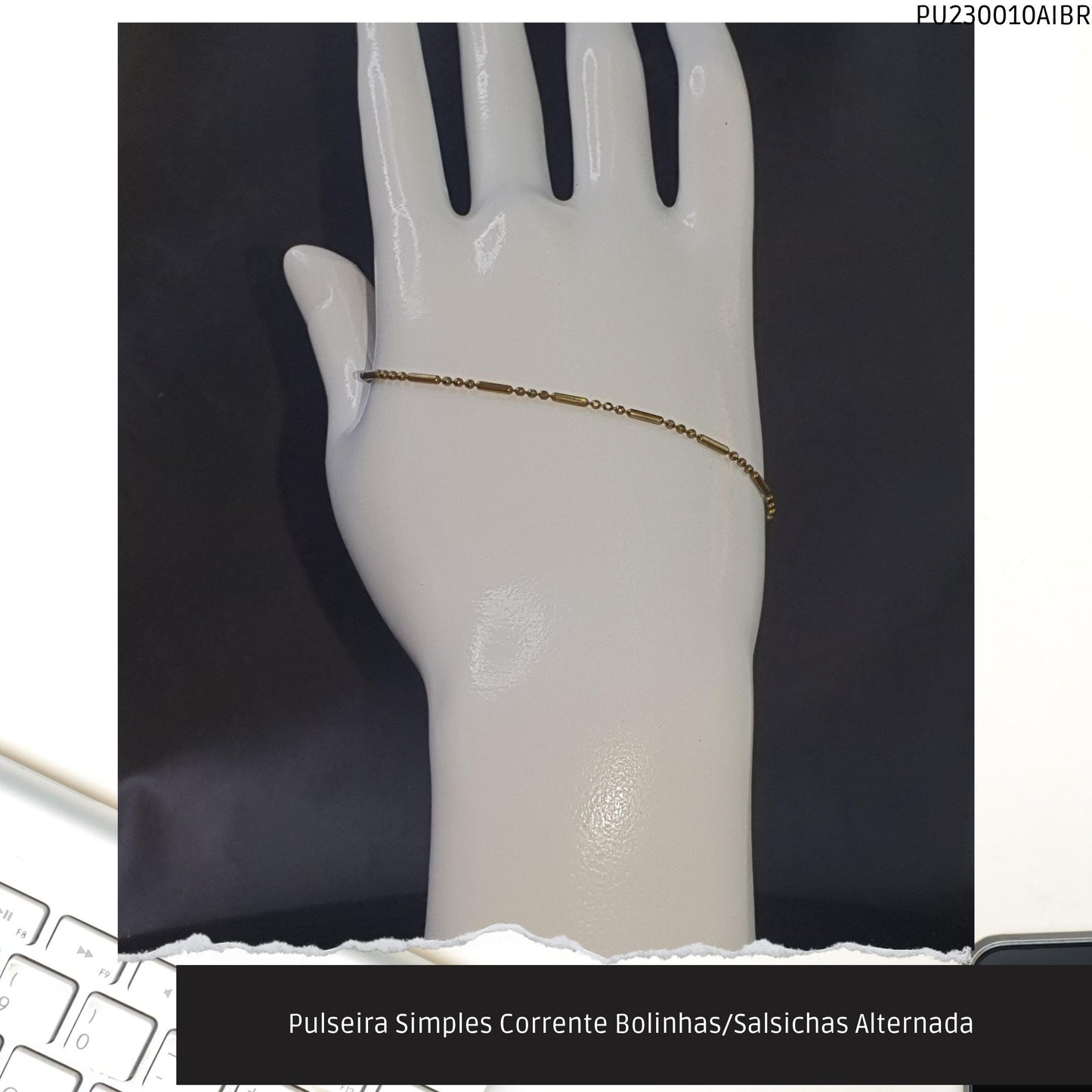 Pulseira Simples Corrente Bolinhas/Salsichas Alternada   - Código.: PU230010AIBR  - Peso.: 1.8 gr