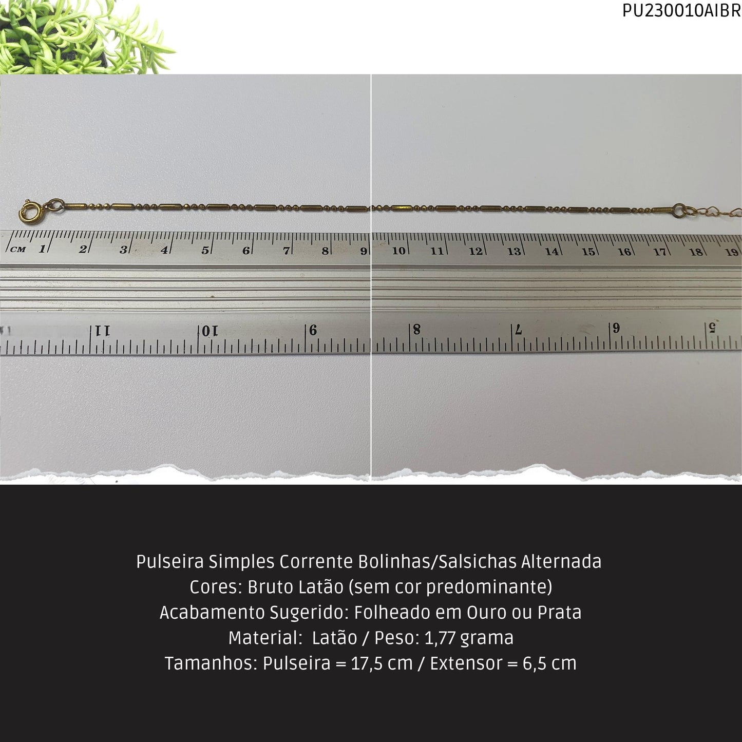 Pulseira Simples Corrente Bolinhas/Salsichas Alternada   - Código.: PU230010AIBR  - Peso.: 1.8 gr