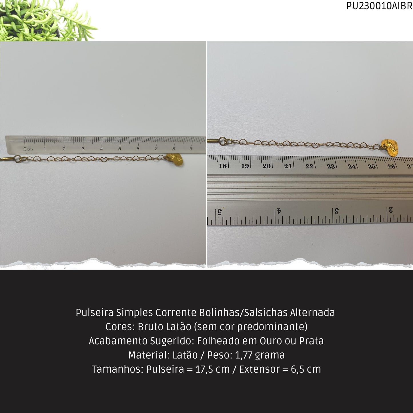 Pulseira Simples Corrente Bolinhas/Salsichas Alternada   - Código.: PU230010AIBR  - Peso.: 1.8 gr