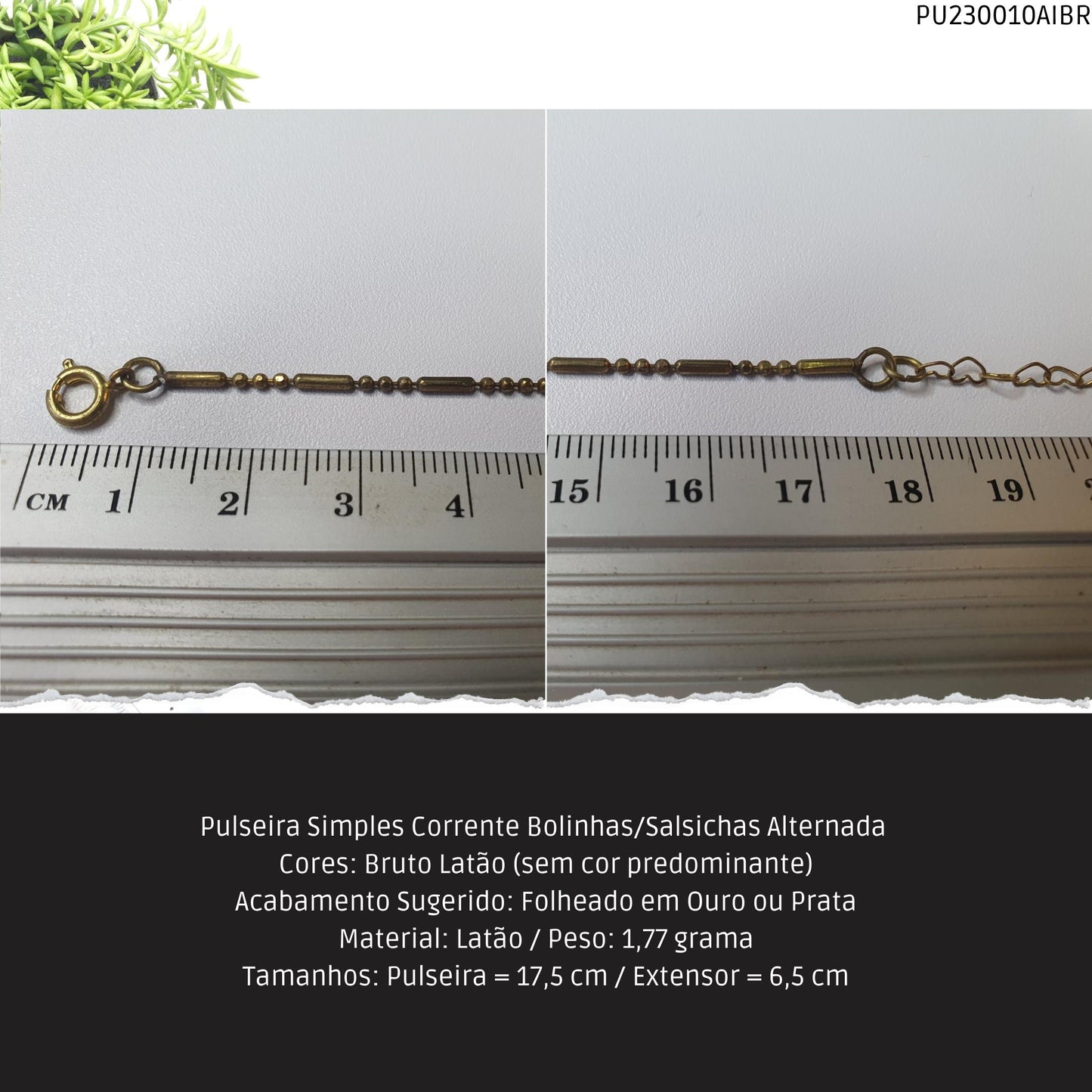Pulseira Simples Corrente Bolinhas/Salsichas Alternada   - Código.: PU230010AIBR  - Peso.: 1.8 gr