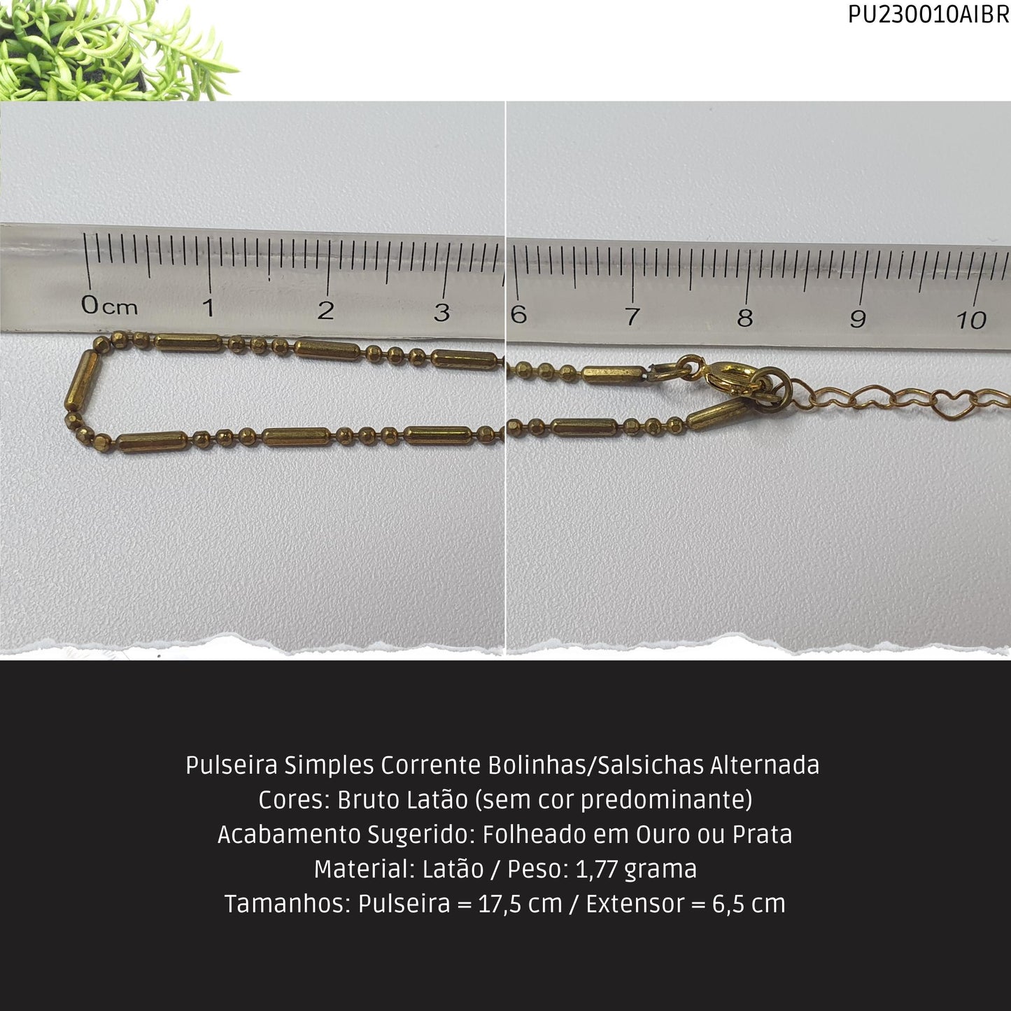 Pulseira Simples Corrente Bolinhas/Salsichas Alternada   - Código.: PU230010AIBR  - Peso.: 1.8 gr