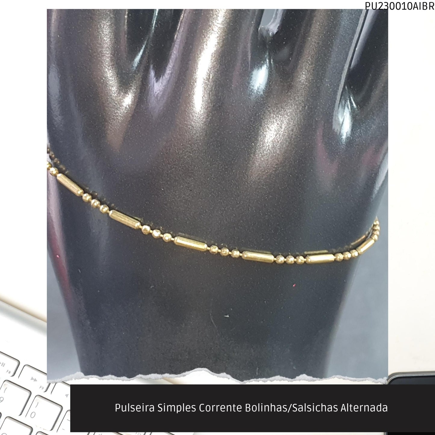 Pulseira Simples Corrente Bolinhas/Salsichas Alternada   - Código.: PU230010AIBR  - Peso.: 1.8 gr