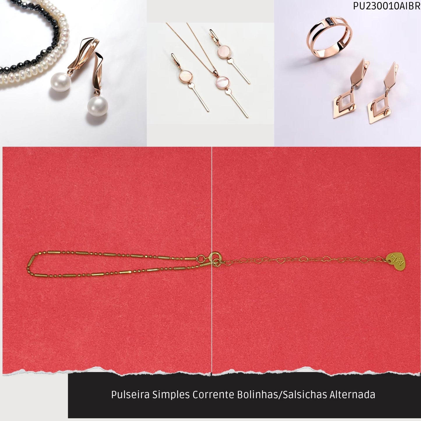 Pulseira Simples Corrente Bolinhas/Salsichas Alternada   - Código.: PU230010AIBR  - Peso.: 1.8 gr