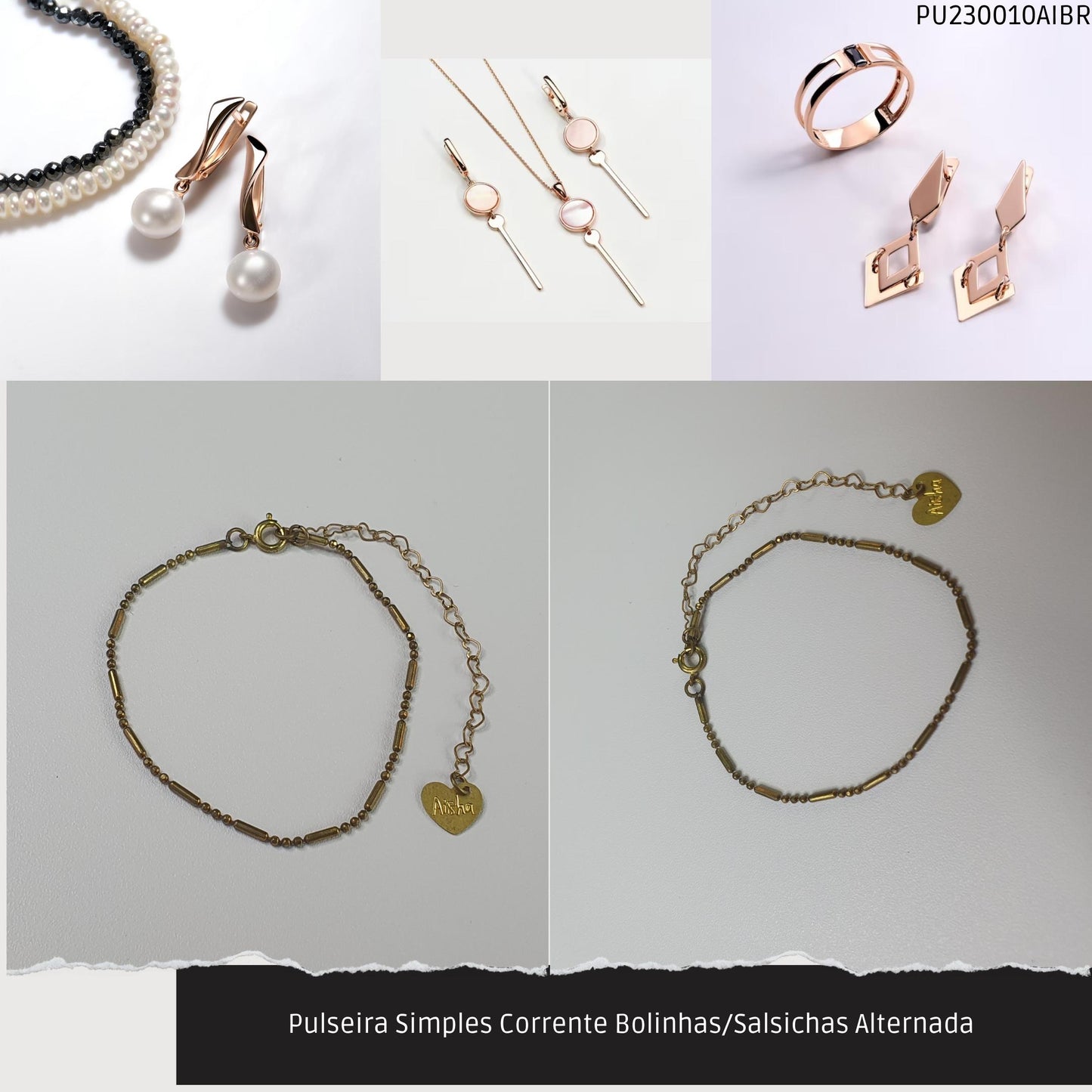 Pulseira Simples Corrente Bolinhas/Salsichas Alternada   - Código.: PU230010AIBR  - Peso.: 1.8 gr