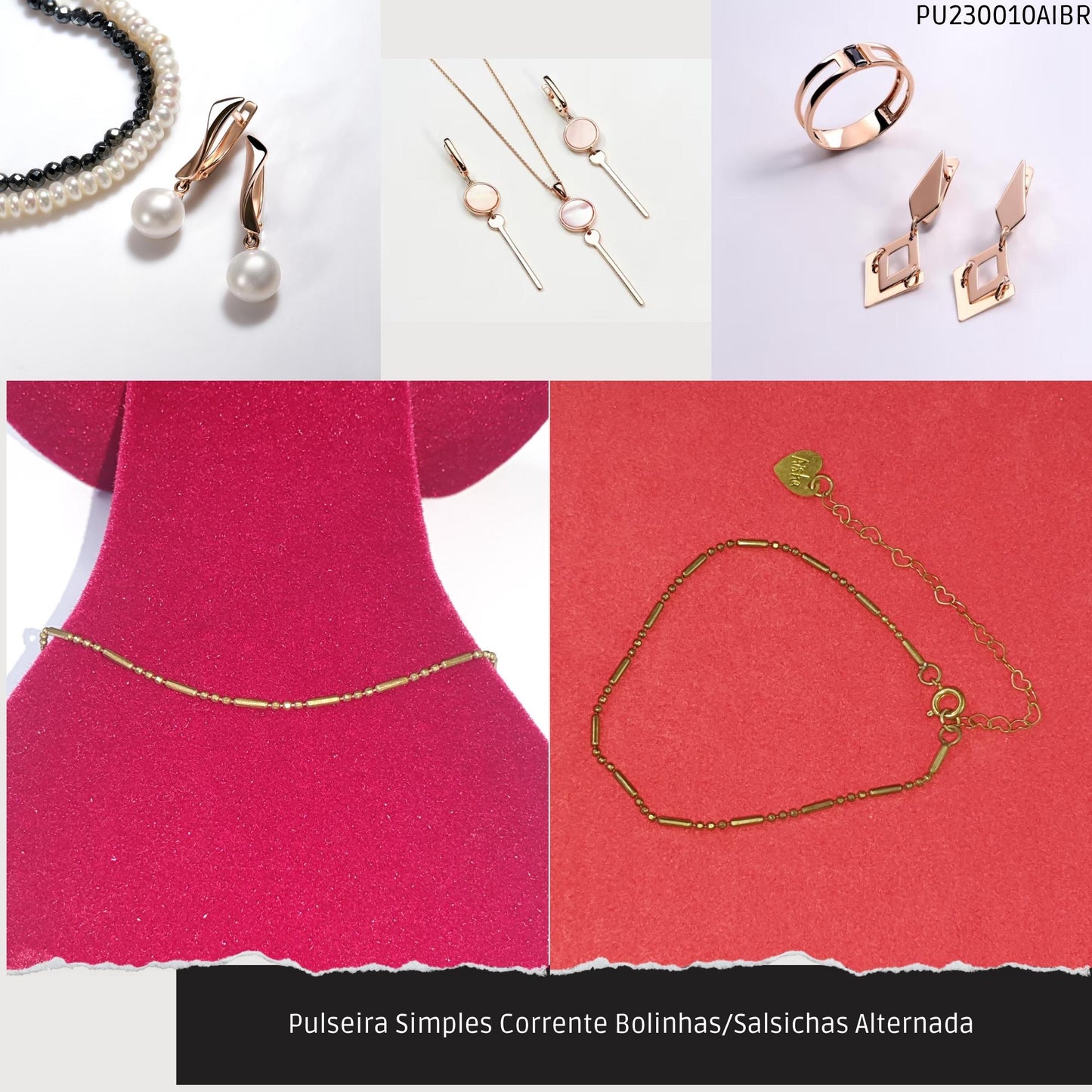 Pulseira Simples Corrente Bolinhas/Salsichas Alternada   - Código.: PU230010AIBR  - Peso.: 1.8 gr