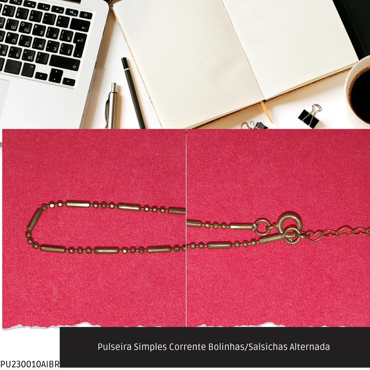 Pulseira Simples Corrente Bolinhas/Salsichas Alternada   - Código.: PU230010AIBR  - Peso.: 1.8 gr