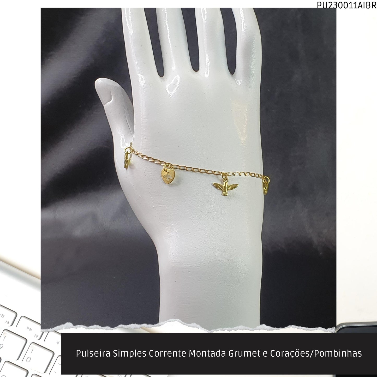 Pulseira Simples Corrente Montada Grumet e Corações/Pombinhas  - Código.: PU230011AIBR  - Peso.: 2.4 gr