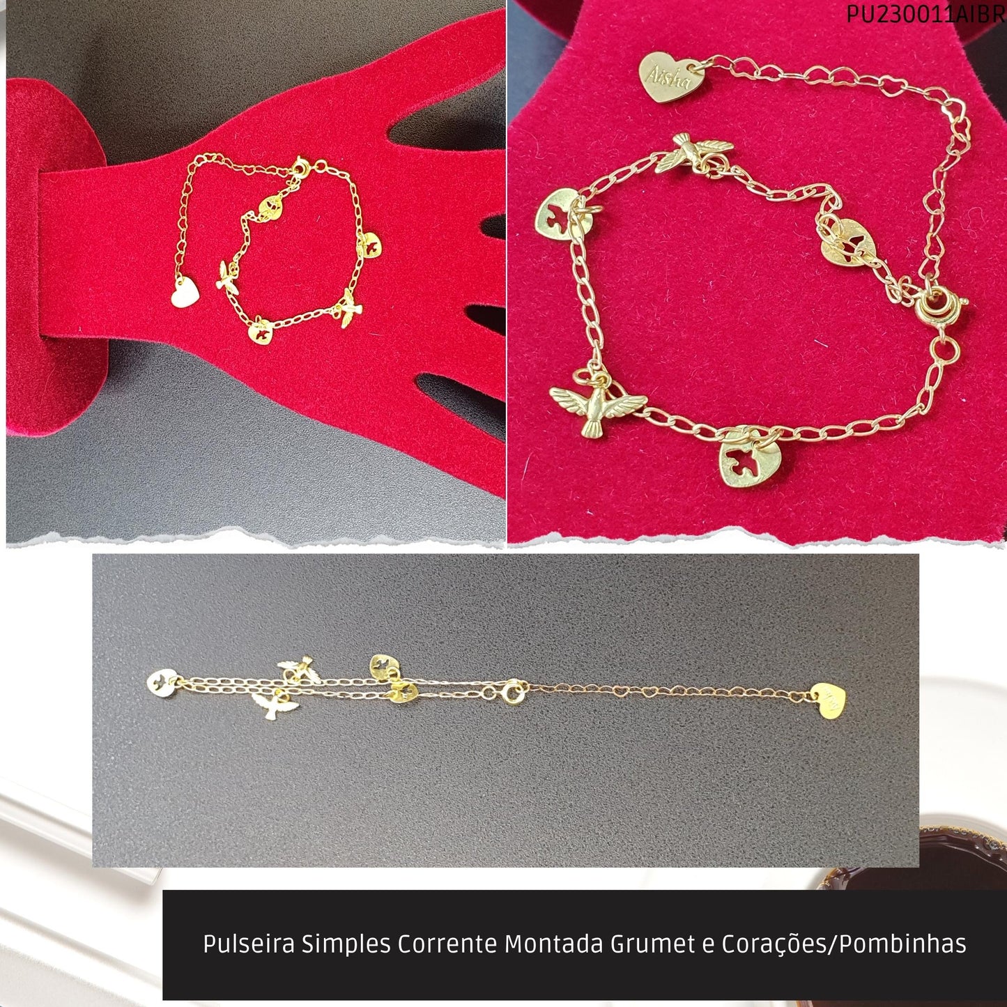 Pulseira Simples Corrente Montada Grumet e Corações/Pombinhas  - Código.: PU230011AIBR  - Peso.: 2.4 gr