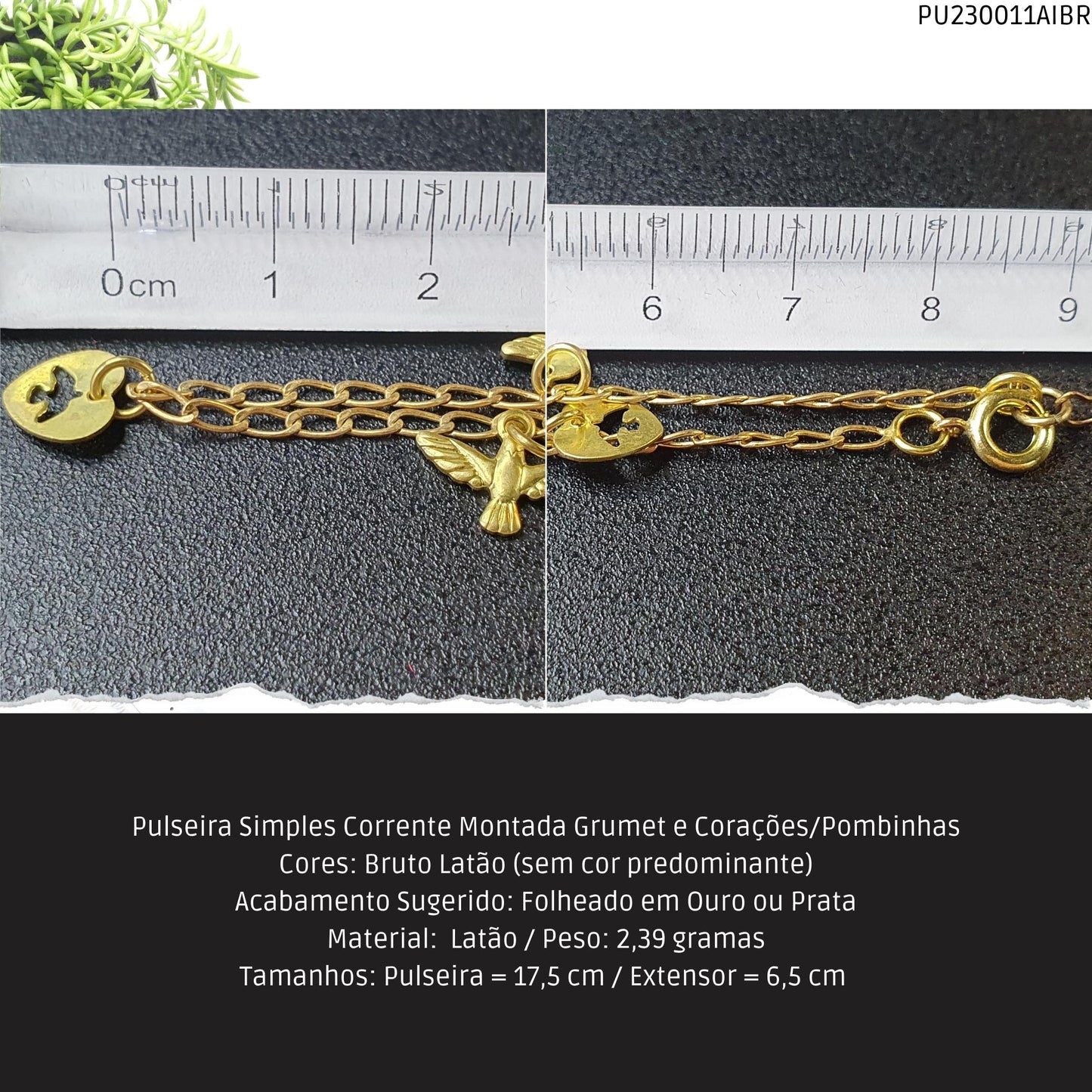 Pulseira Simples Corrente Montada Grumet e Corações/Pombinhas  - Código.: PU230011AIBR  - Peso.: 2.4 gr