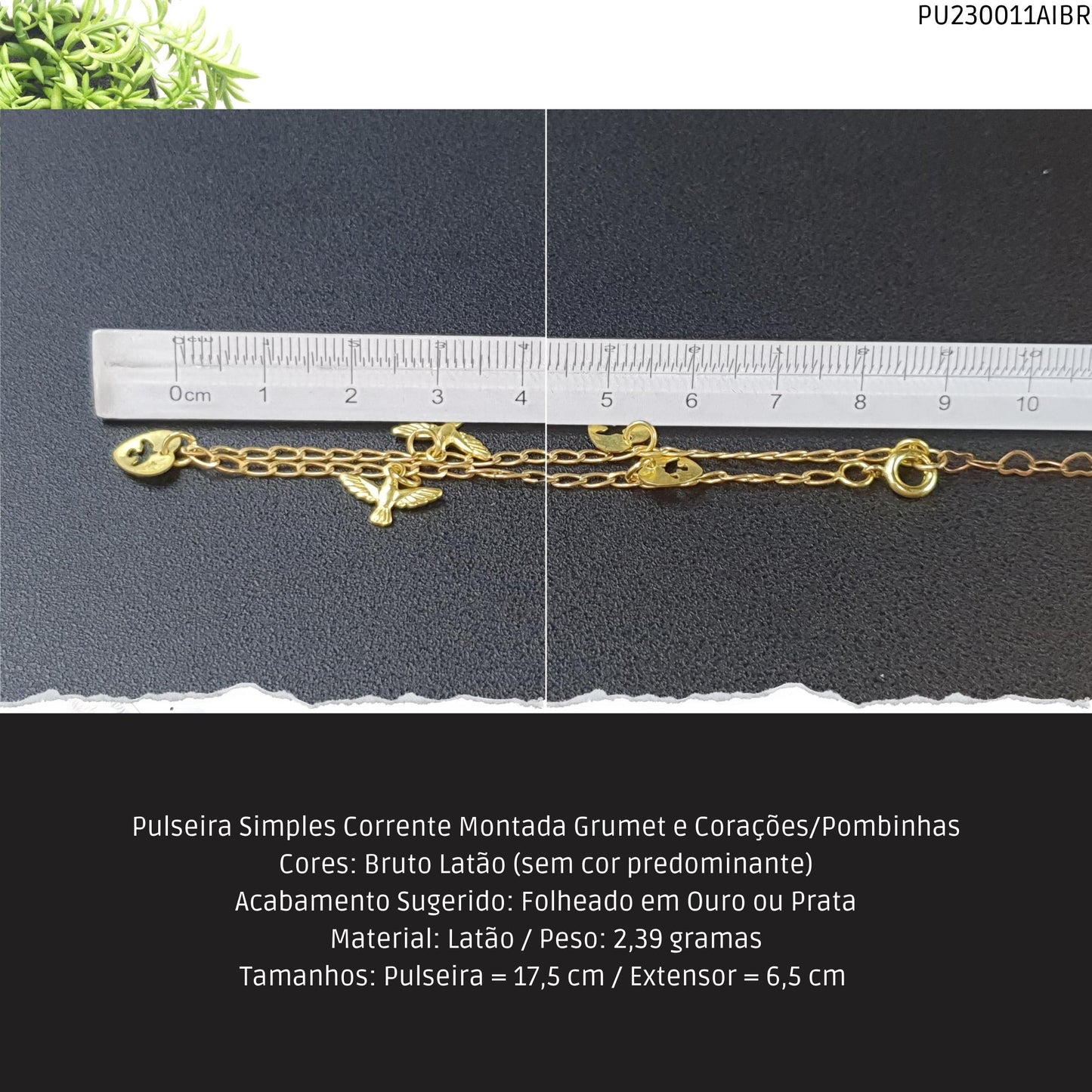 Pulseira Simples Corrente Montada Grumet e Corações/Pombinhas  - Código.: PU230011AIBR  - Peso.: 2.4 gr