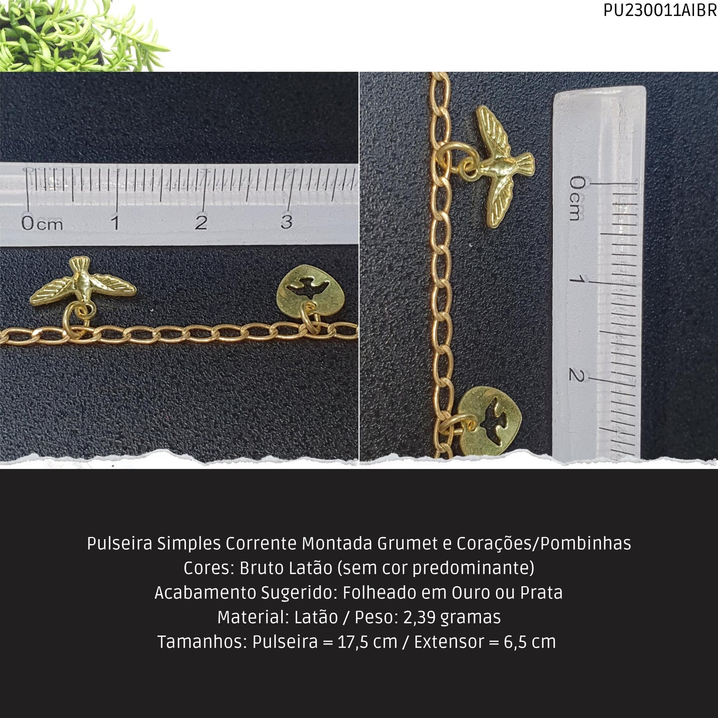 Pulseira Simples Corrente Montada Grumet e Corações/Pombinhas  - Código.: PU230011AIBR  - Peso.: 2.4 gr