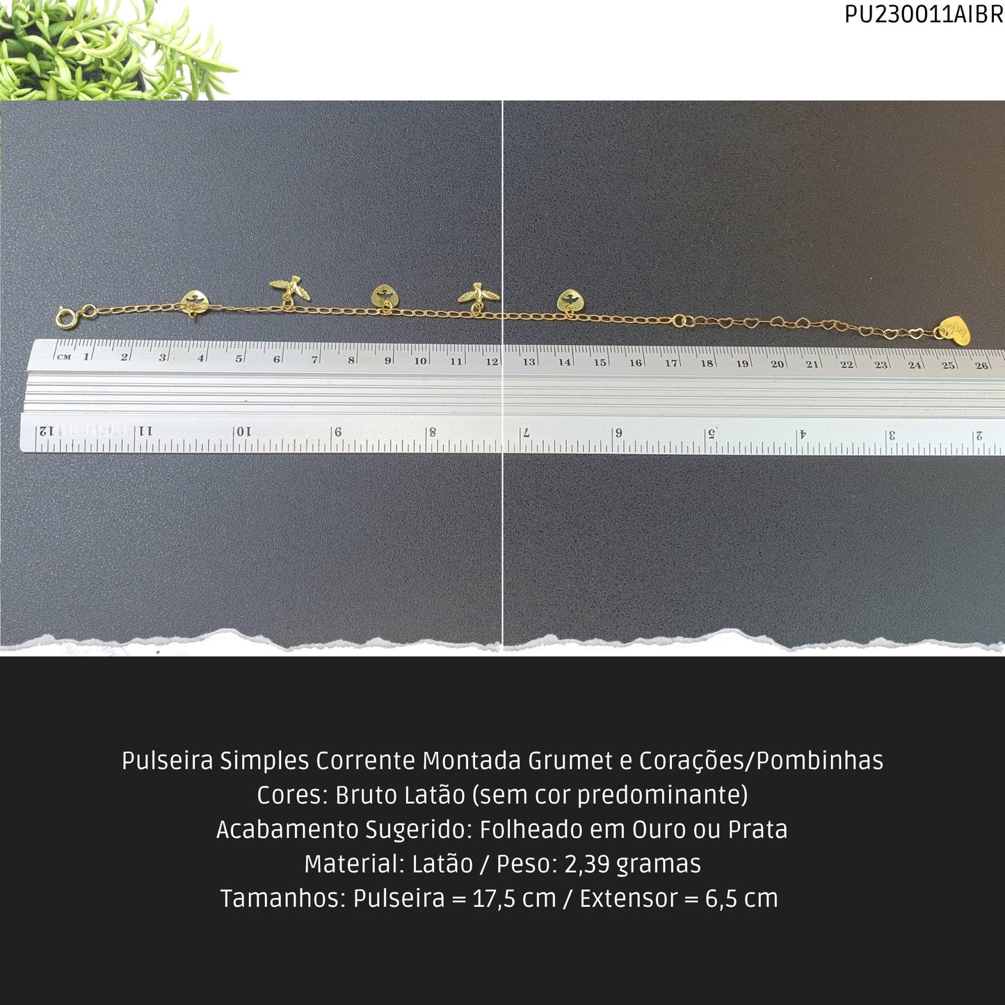 Pulseira Simples Corrente Montada Grumet e Corações/Pombinhas  - Código.: PU230011AIBR  - Peso.: 2.4 gr